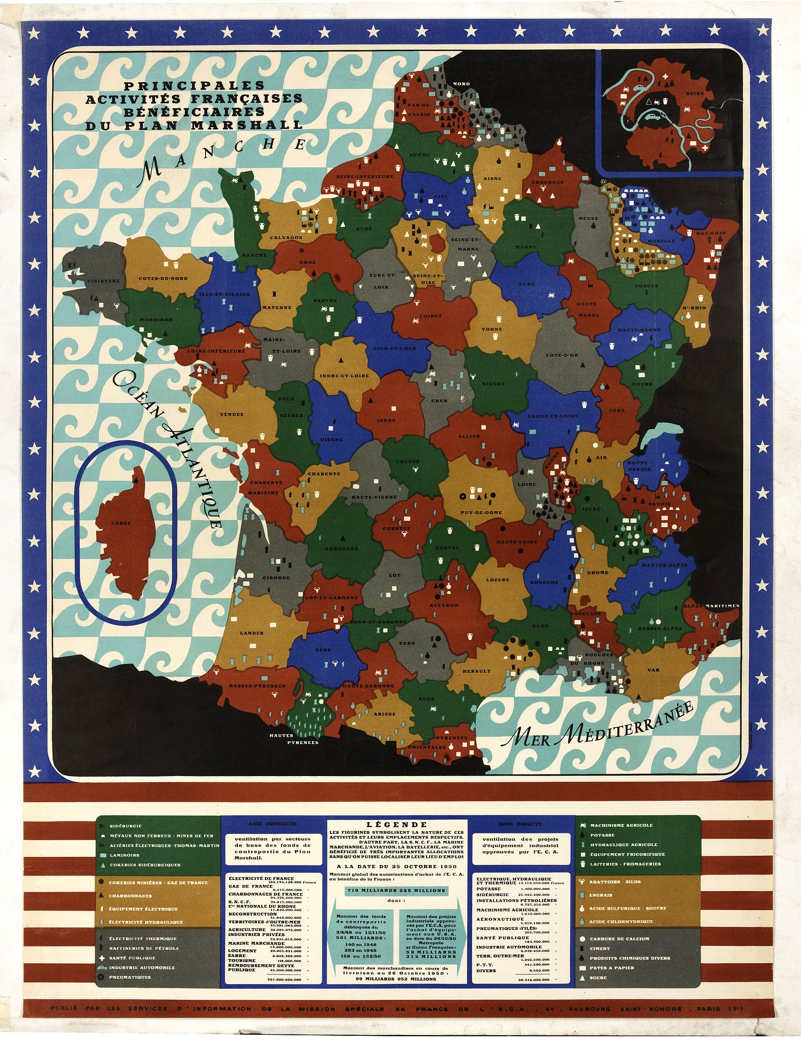 E.C.A, Principales activités françaises bénéficiaires du plan Marshall., antique map, old maps