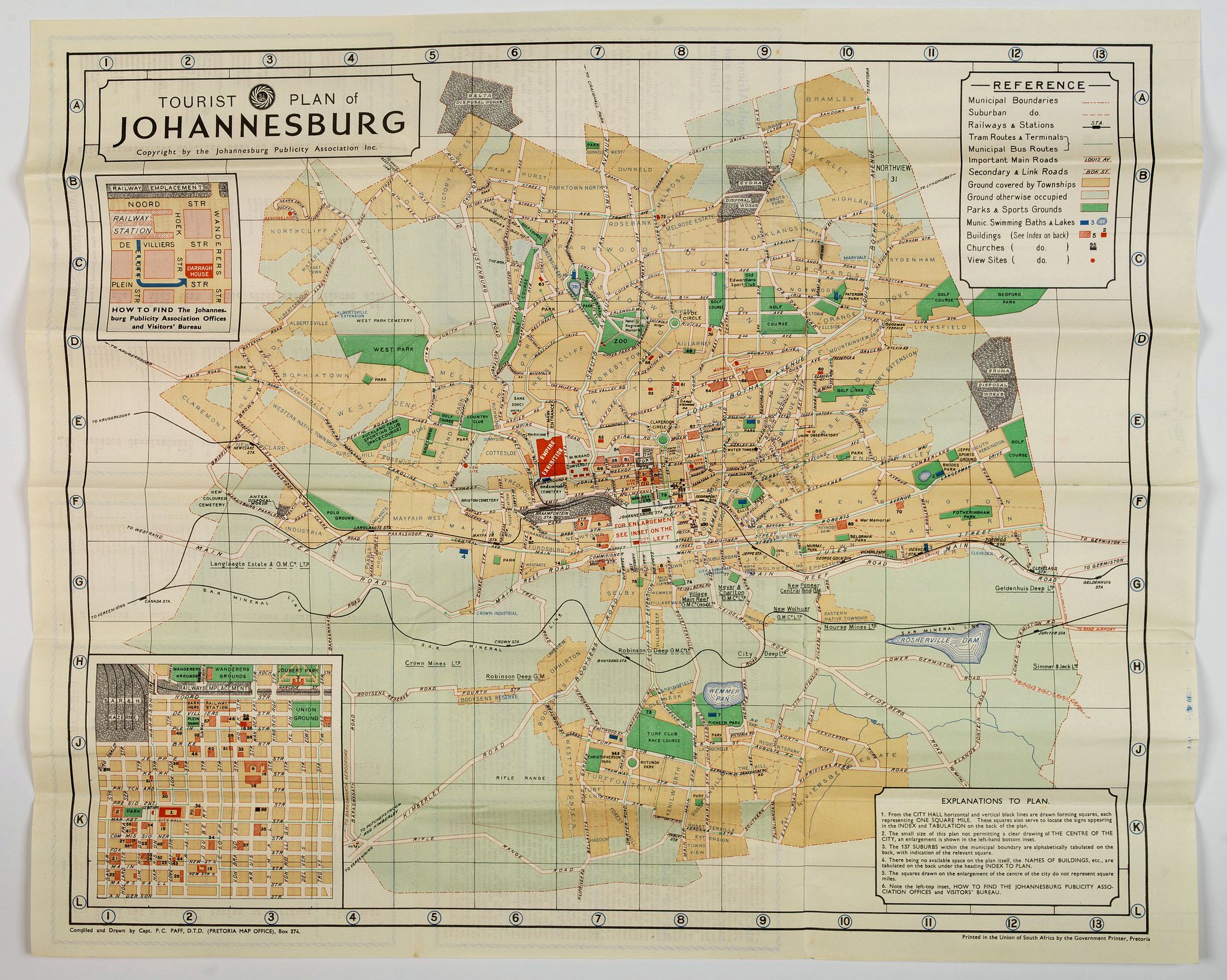 PRETORIA MAP OFFICE., Tourist Plan of Johannesburg., antique map, old maps