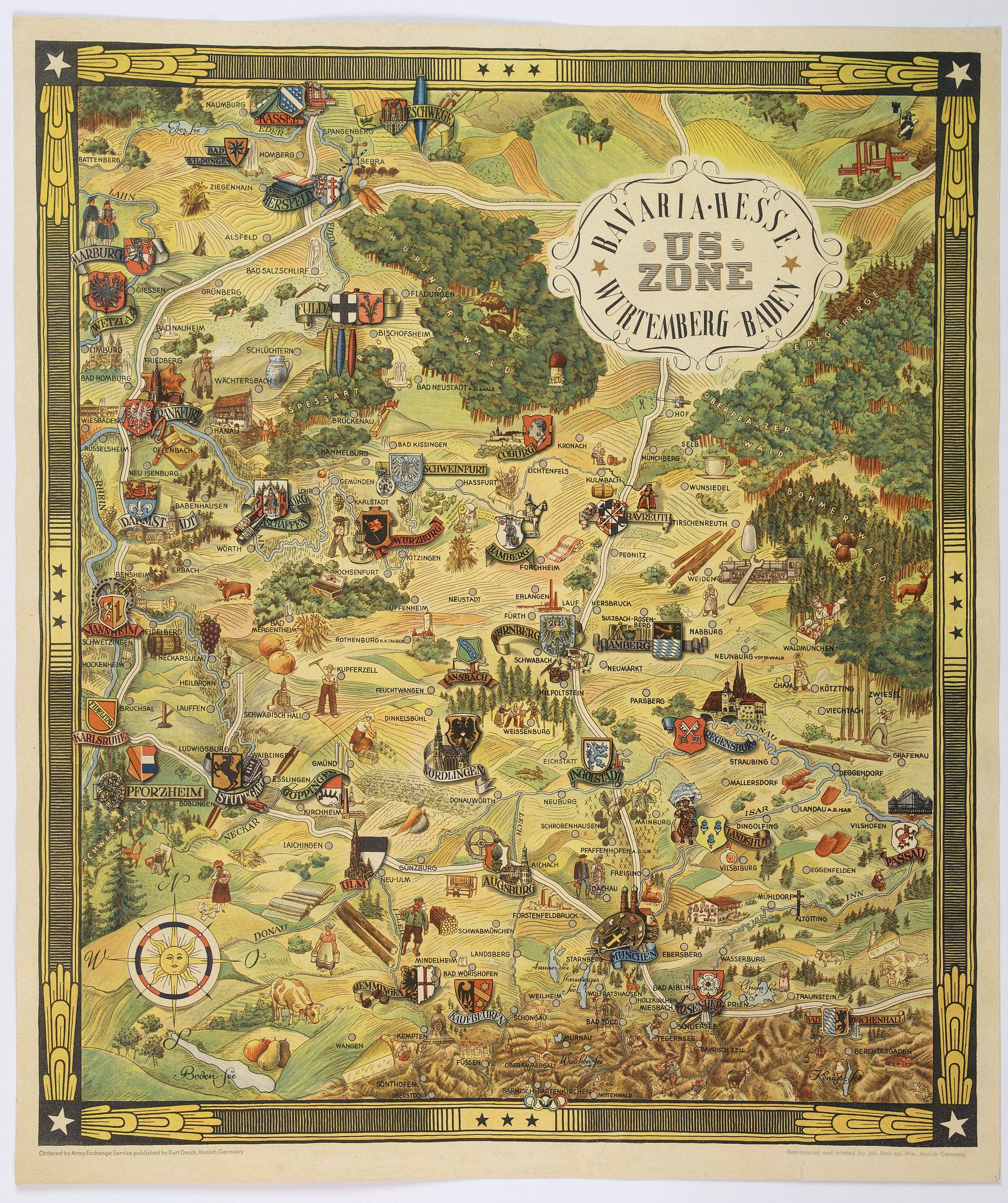 ROTH, John., US ZONE. Bavaria, Hesse, Wurtemberg, Baden., antique map, old maps