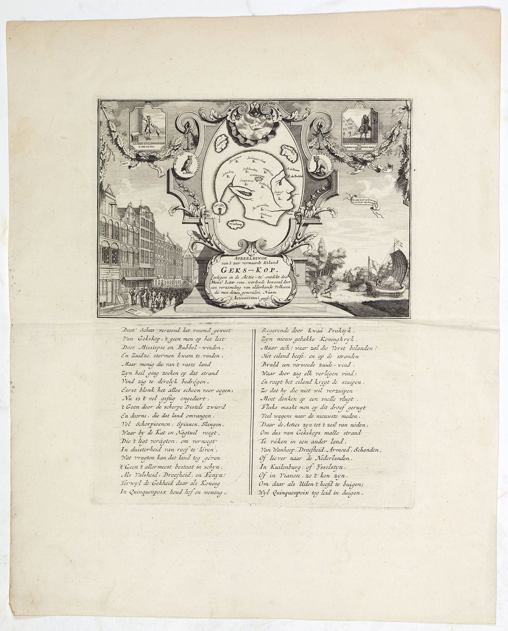 ANONYMOUS, Afbeeldinge van't zeer vermaarde Eiland Geks-Kop. . ., antique map, old maps