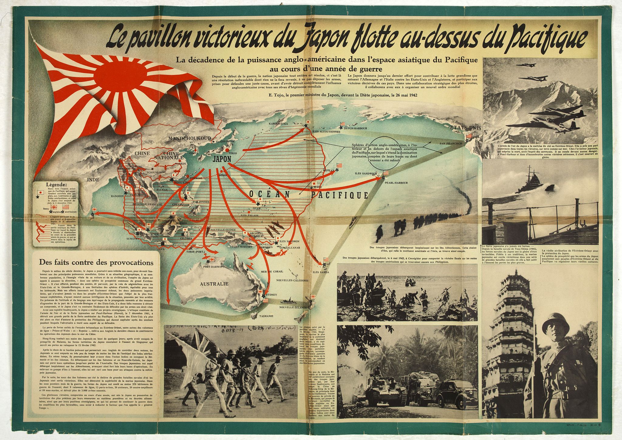ANONYMOUS, Le pavillon victorieux du Japon flotte au dessus du Pacifique (THE VICTORIOUS FLAG OF JAPAN FLIES OVER THE PACIFIC)., antique map, old maps