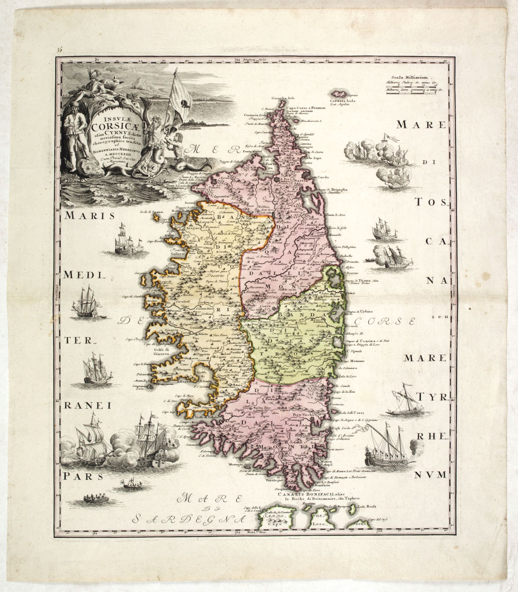 HOMANN HEIRS, Insulae Corsicae olim Cyrnus dictae novissima facies choro-graphice. . ., antique map, old maps