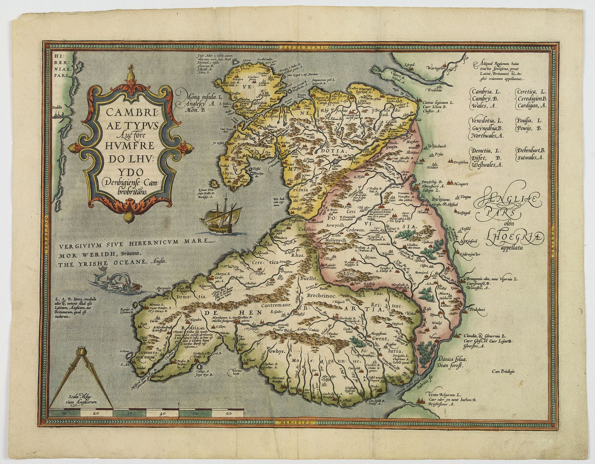 LHUYD, Humphrey. / ORTELIUS, A., Cambriae Typus Auctore Humfredo Lhuydo Denbigiense Cambrobritano., antique map, old maps