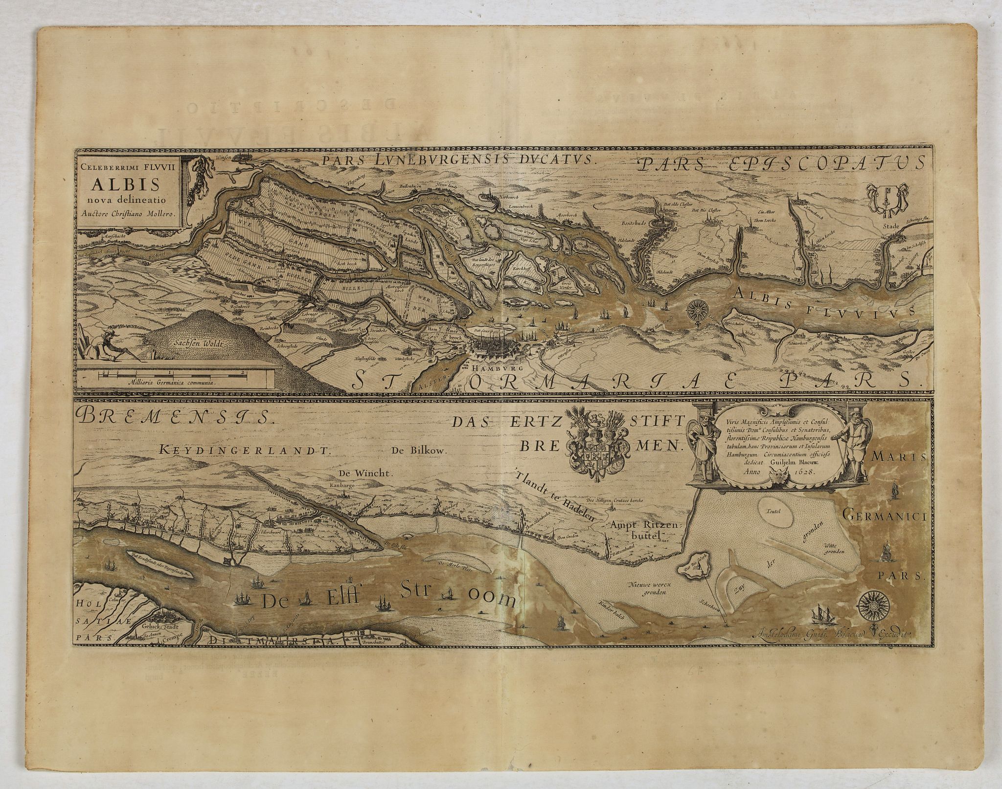 BLAEU, W., Celeberrimi Fluvis Albis nova delineatio. . ., antique map, old maps