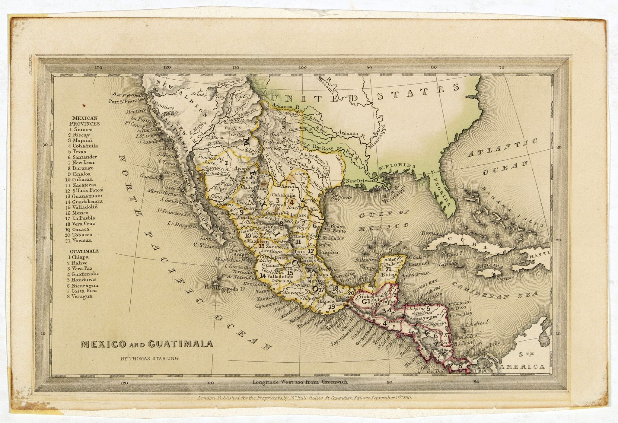 STARLING, Thomas., Mexico and Guatimala. By Thomas Starling., antique map, old maps
