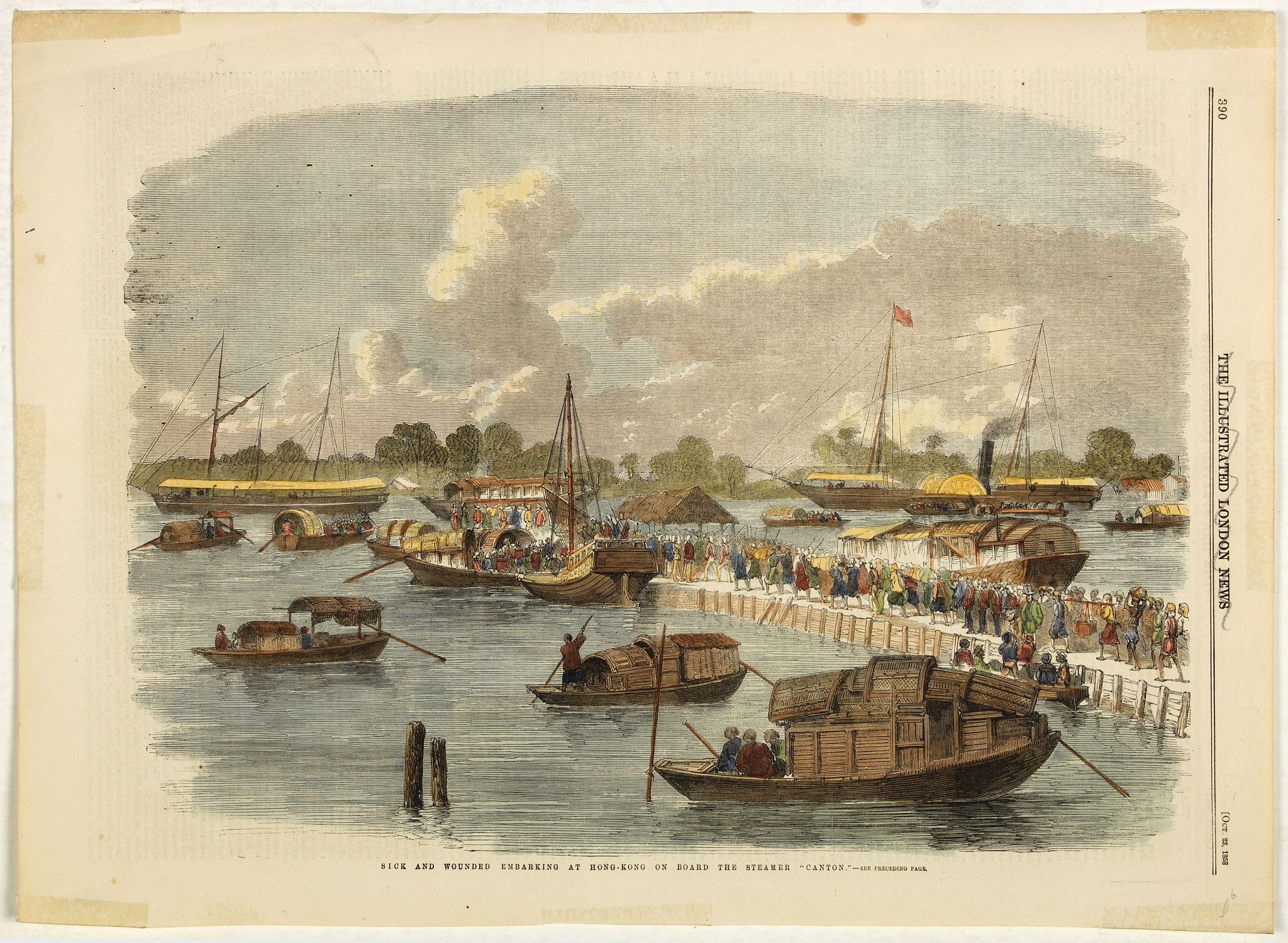 ILLUSTRATED LONDON NEWS, Sick and wounded embarking at Hong-Kong on Board the Steamer., antique map, old maps