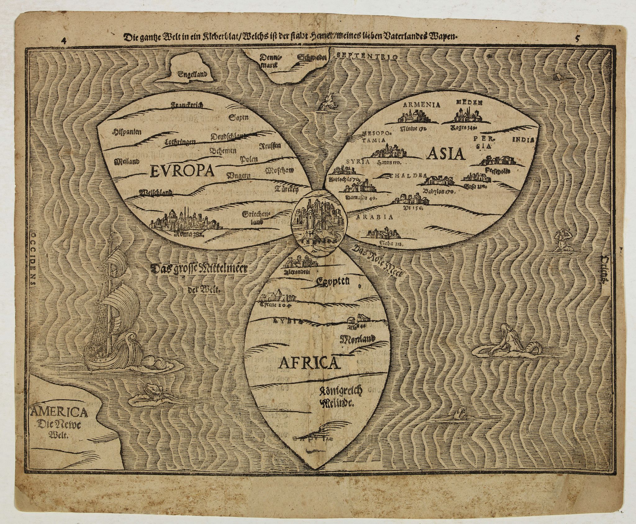 BÜNTING, H., Die gantze Welt in ein Kleberblatt. . ., antique map, old maps