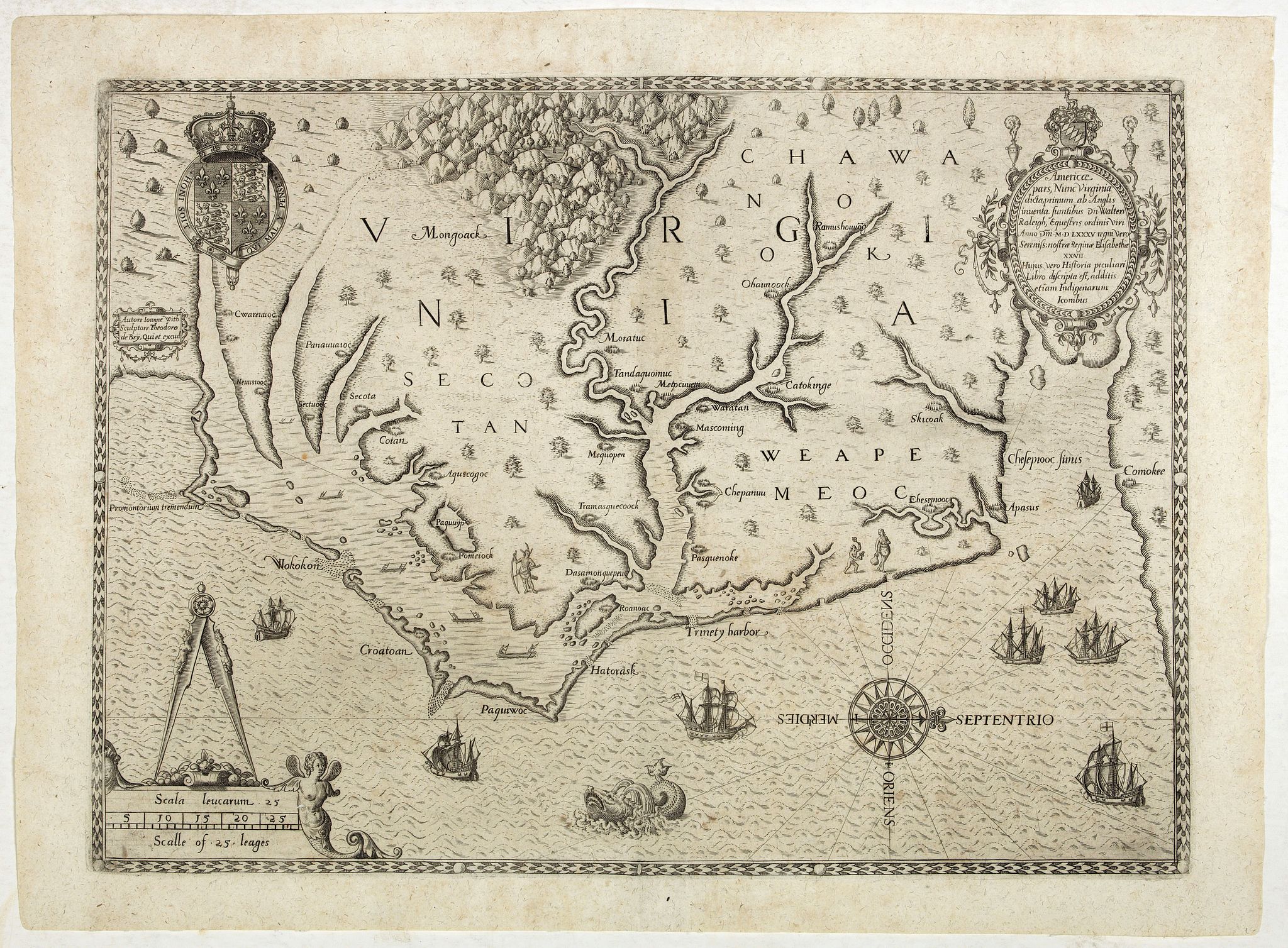 DE BRY, Th., Americae pars, Nunc Virginia dicta, primum ab Anglis. . ., antique map, old maps