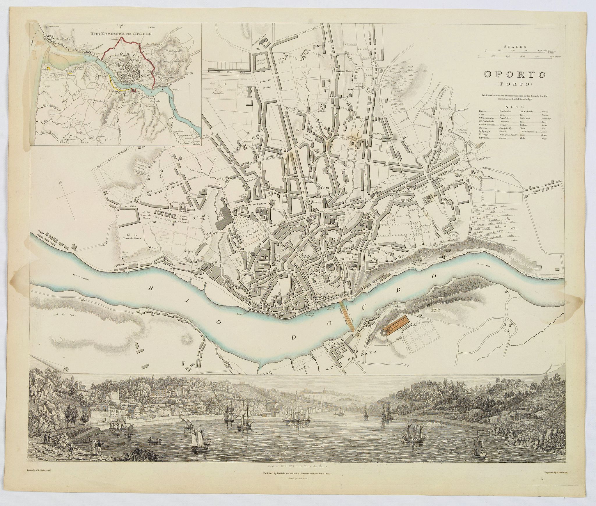 SOCIETY FOR THE DIFUSSION OF USEFUL KNOWLEDGE., Oporto., antique map, old maps