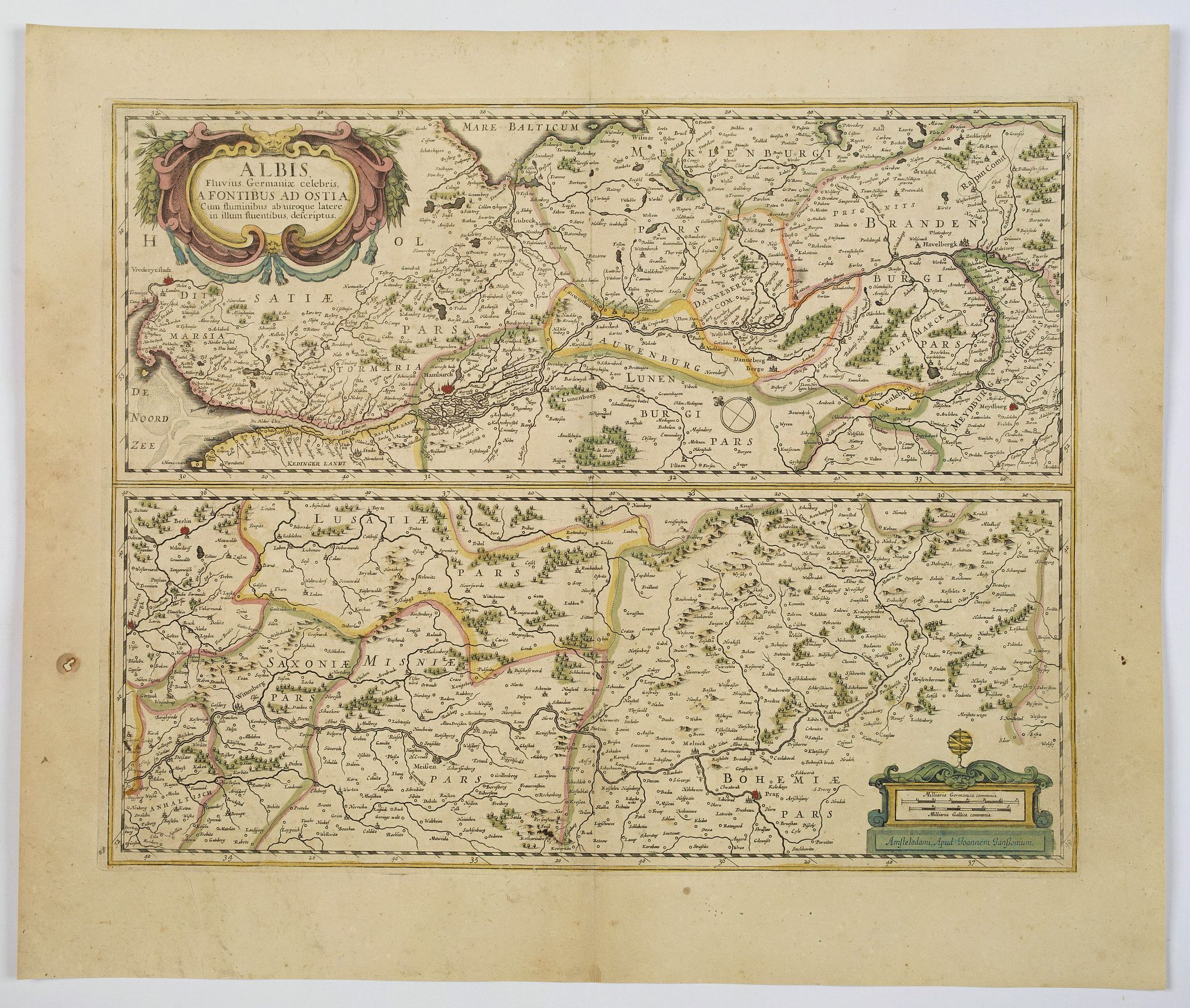 JANSSONIUS,J., Albis Fluvius Germaniae celebris A Fontibus Ad Ostia. . ., antique map, old maps