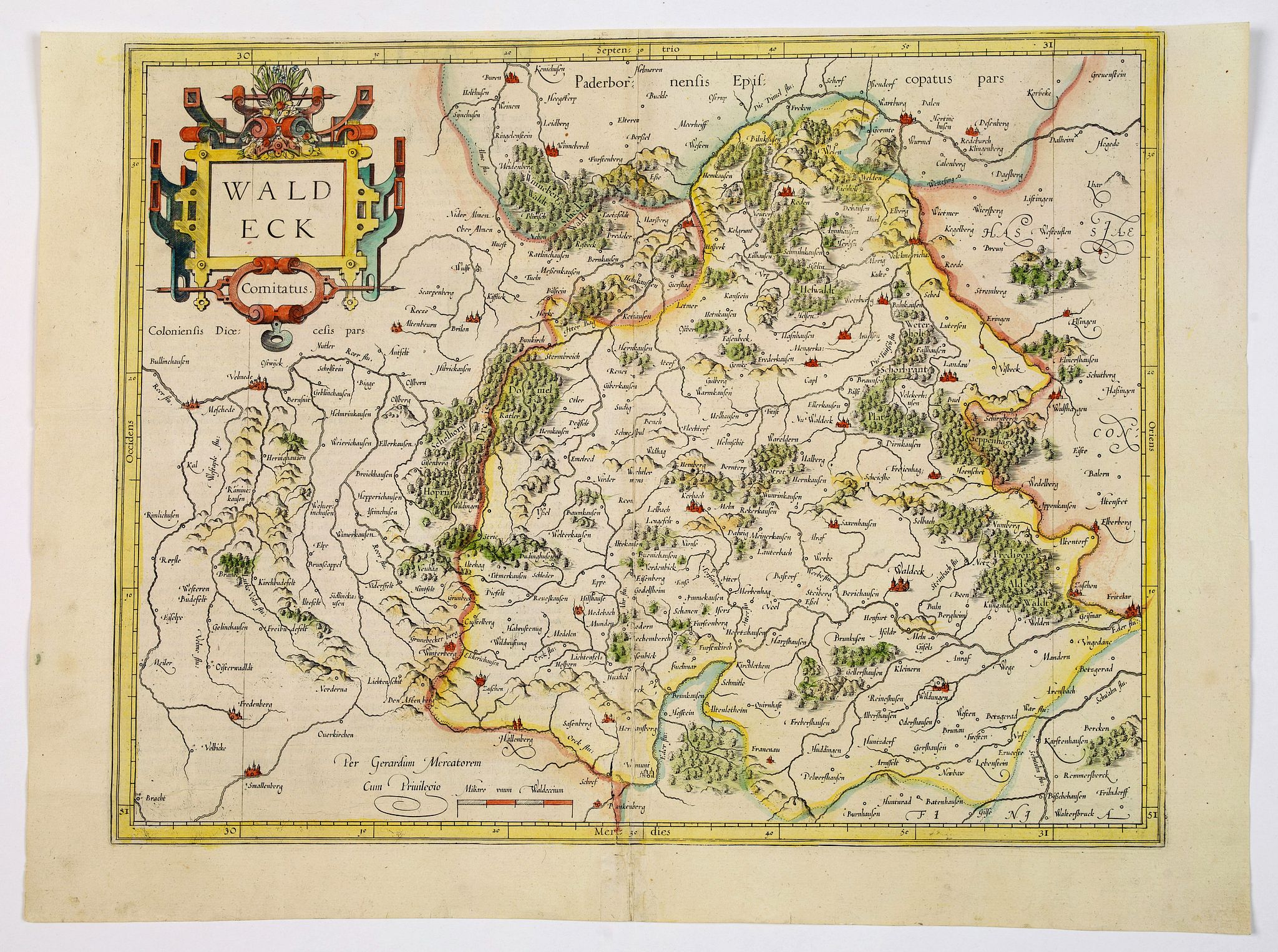 MERCATOR,G., Waldeck Comitatus., antique map, old maps