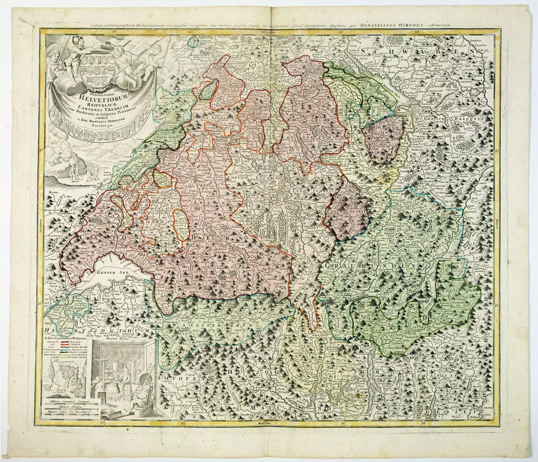HOMANN HEIRS., Potentissimae Helvetiorum Reipublicae Cantones Trediecim cum Foederatis et Subjectis Provinciis . . ., antique map, old maps