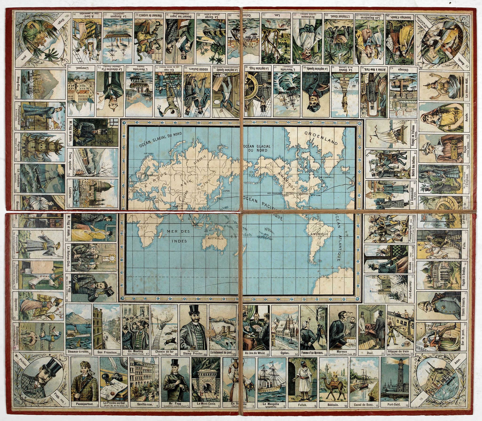 ANONYMOUS, Goose game board inspired by Jules Verne's novel Tour du Monde en 80 jours., antique map, old maps
