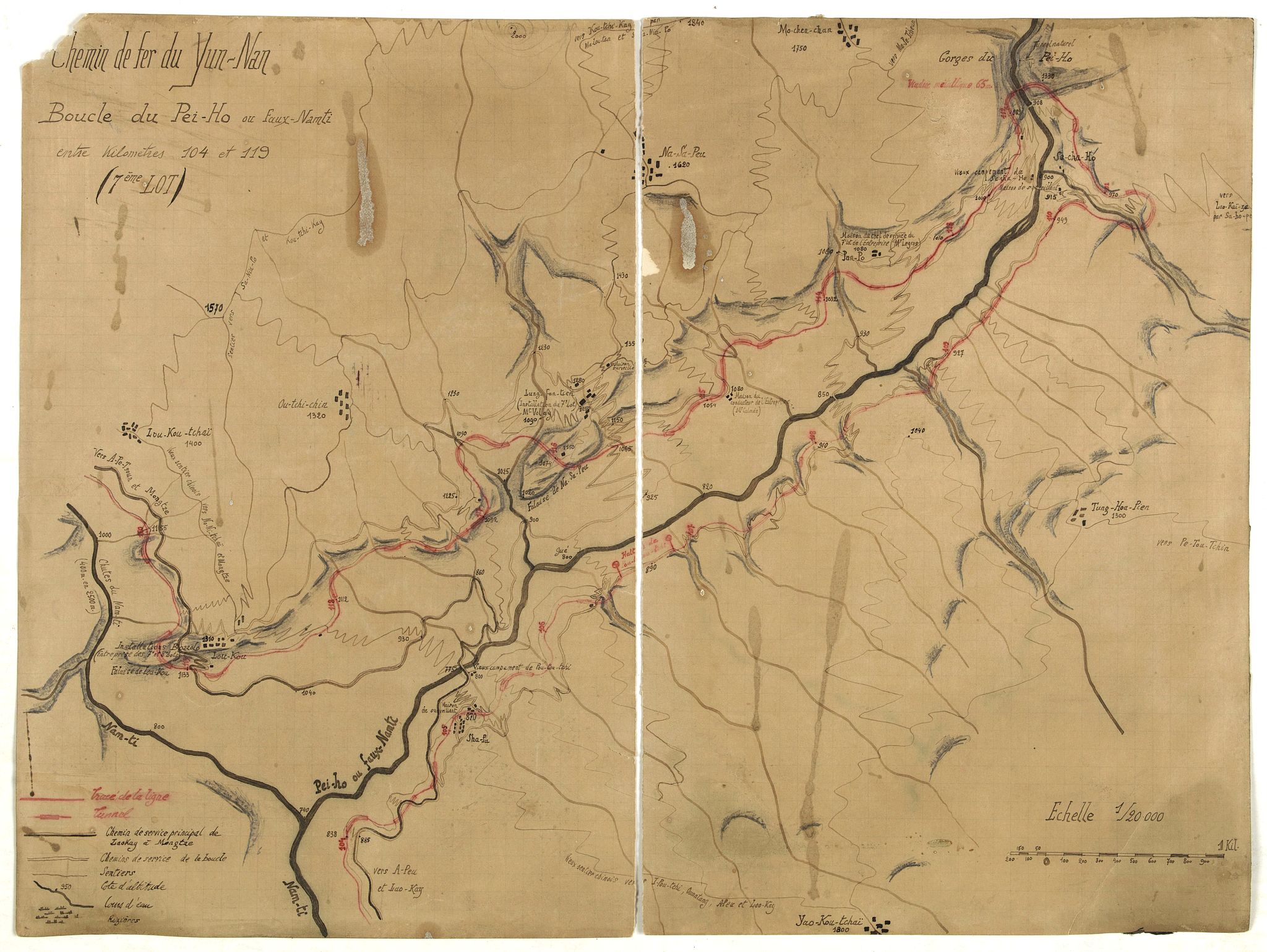 ANONYMOUS, Chemin de fer du Yum-Nan. Boucle du Pei-ho ou Faux Namti entre Kilomètres 104 et 119 (7ème Lot)., antique map, old maps