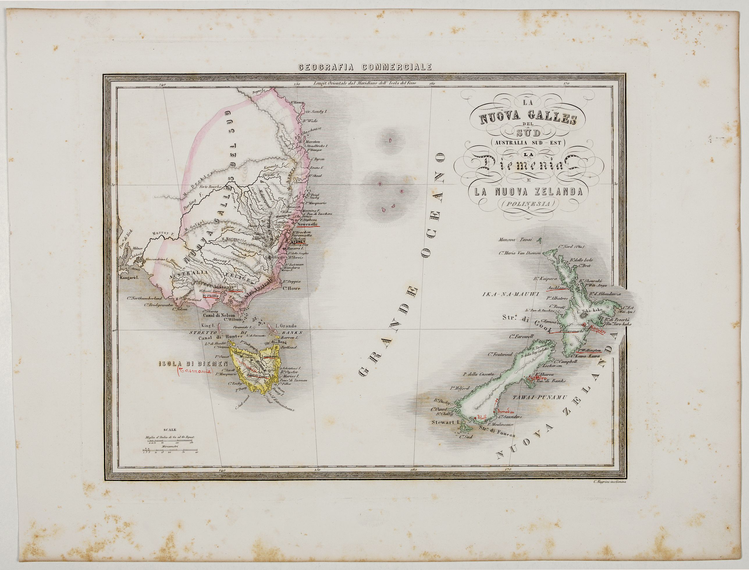 MARMOCCHI, F.C., La Nuova Galles del Sud (Australia sud-est) La Diemenia e La Nuova Zelanda (Polinesia)., antique map, old maps