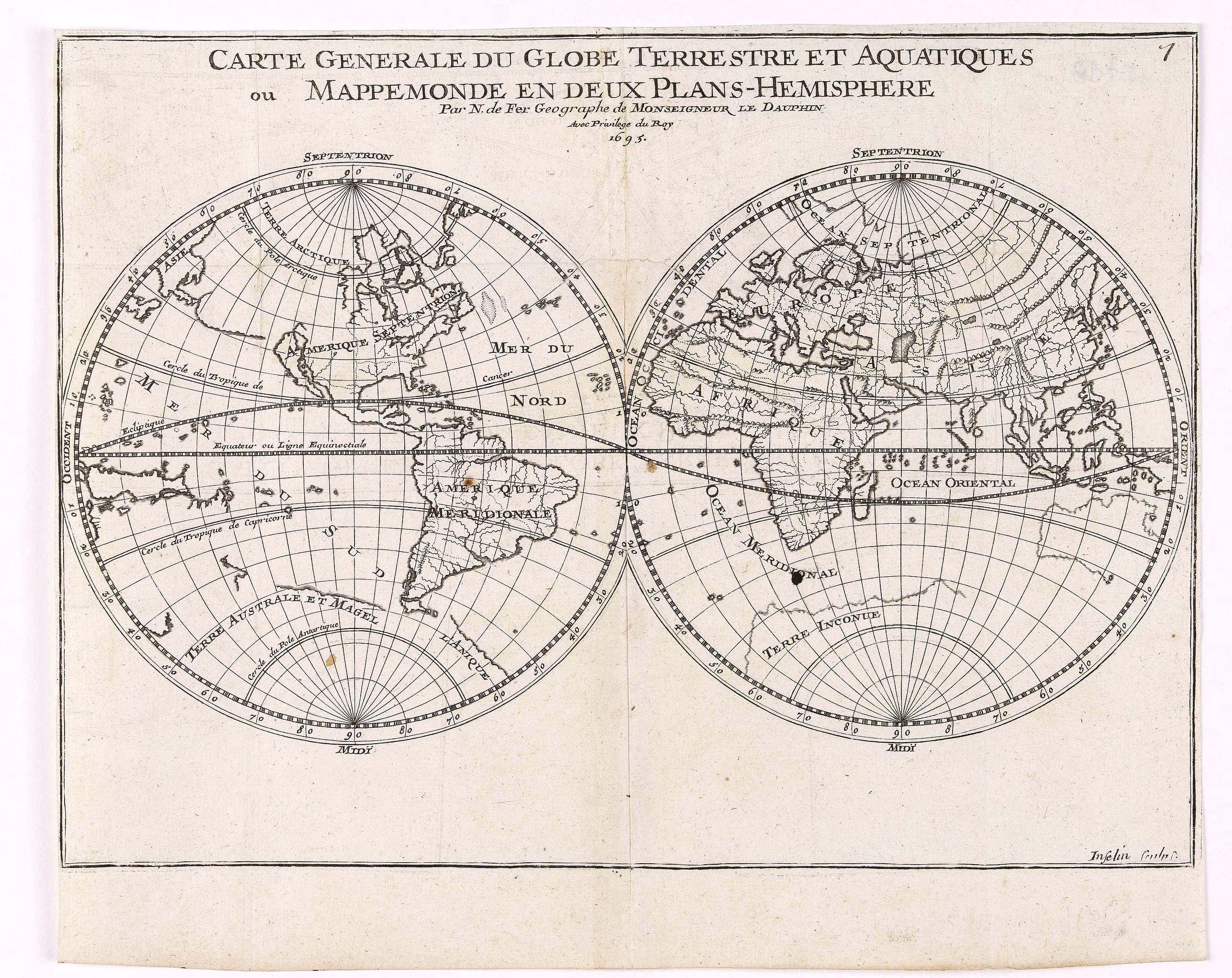 DE FER, N., Carte generale du Globe Terrestre Aquatiques., antique map, old maps