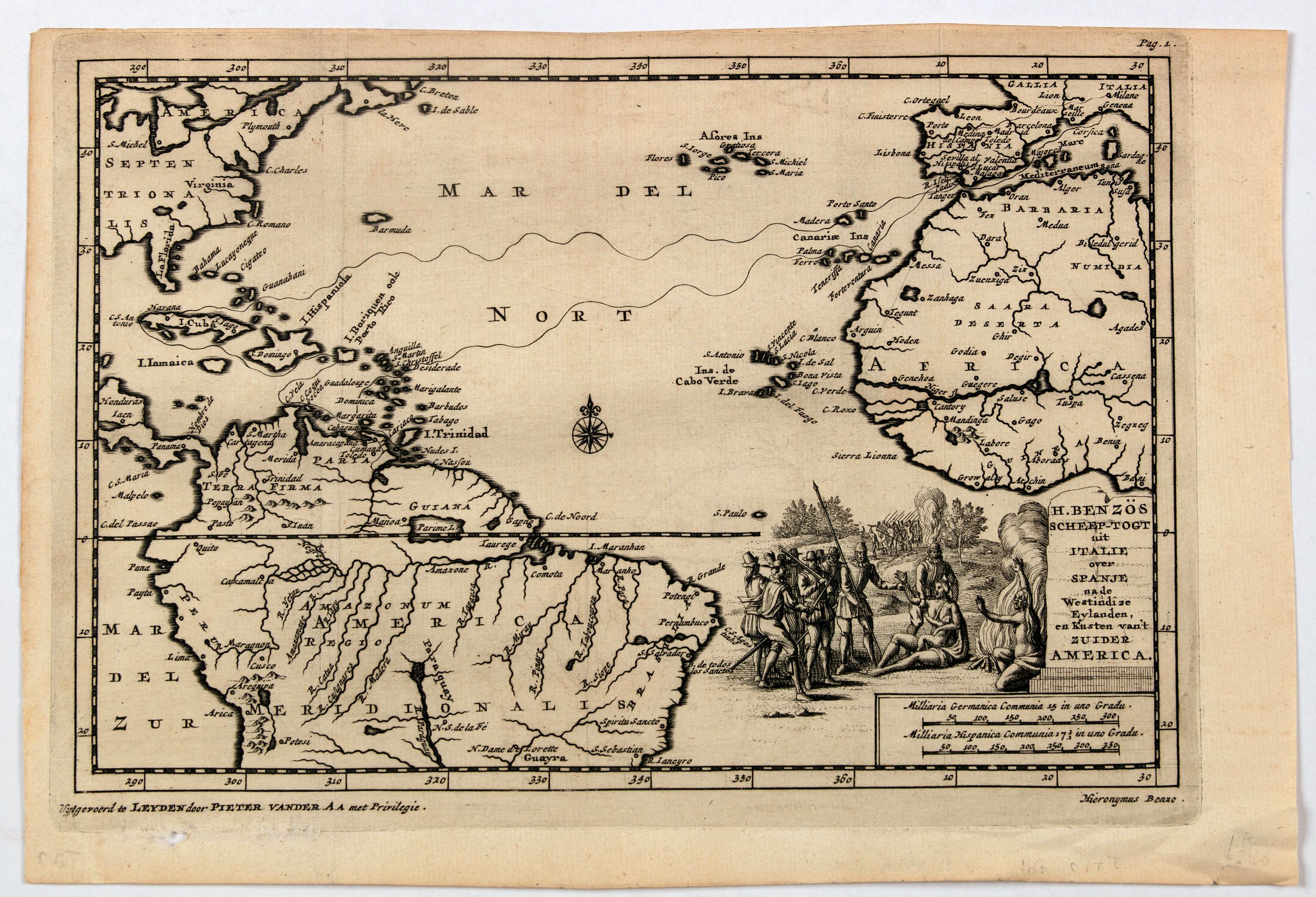 VAN DER AA, Pieter., H. Benzos Scheep-togt uit Italie over Spanje na de Westindize Eylanden, en Kusten van't Zuider America., antique map, old maps