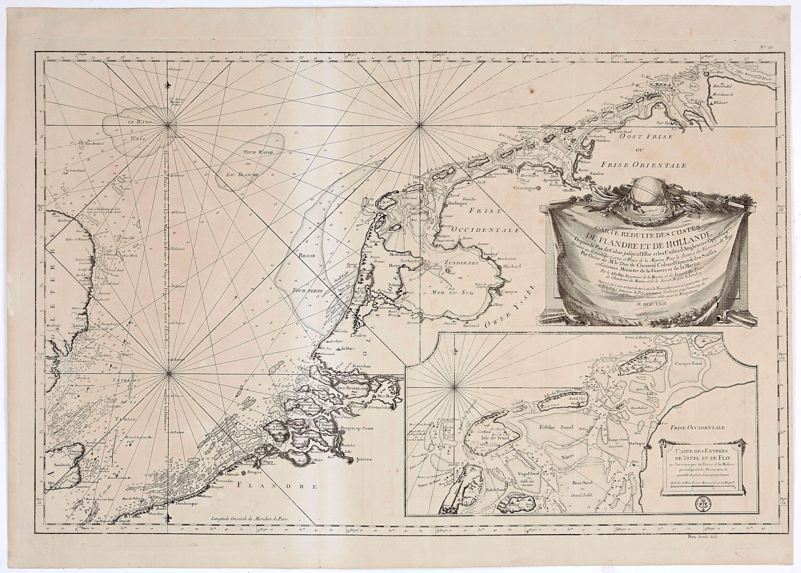 BELLIN, J.N., Carte Reduite de Costes de Flandre et de Hollande Depuis la Pas de Calais jusqu'a l'Elbe, et les Costes d'Angleterre Opposees . . . M.DCC.LXIII, antique map, old maps