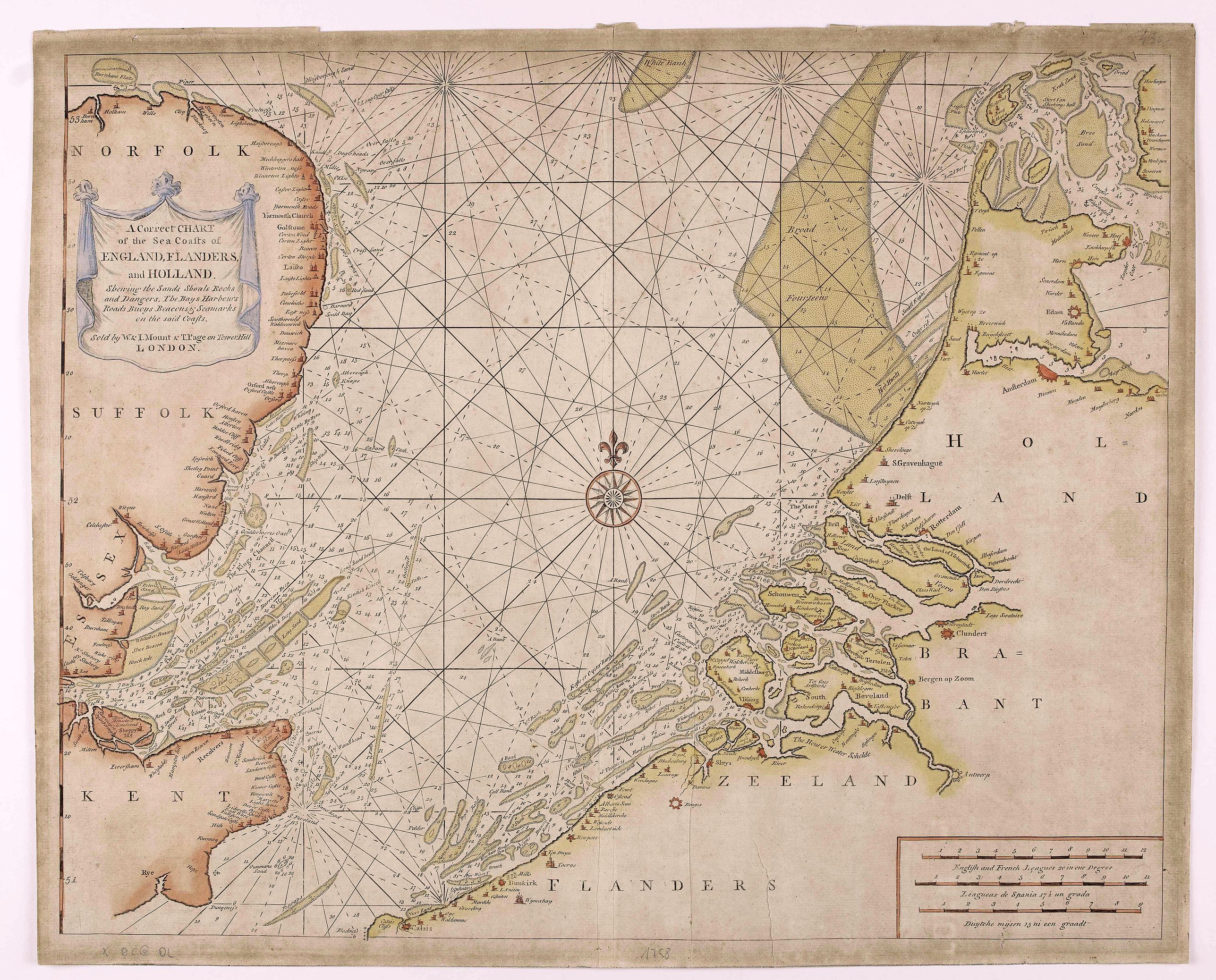MOUNT, W. / PAGE, T., A Correct Chart Of The Sea Coasts Of England, Flanders And Holland Shewing The Sands Shoals Rocks And Dangers, The Bays Harbours Roads Buoys Beacons & Seamarks On The Said Coasts., antique map, old maps