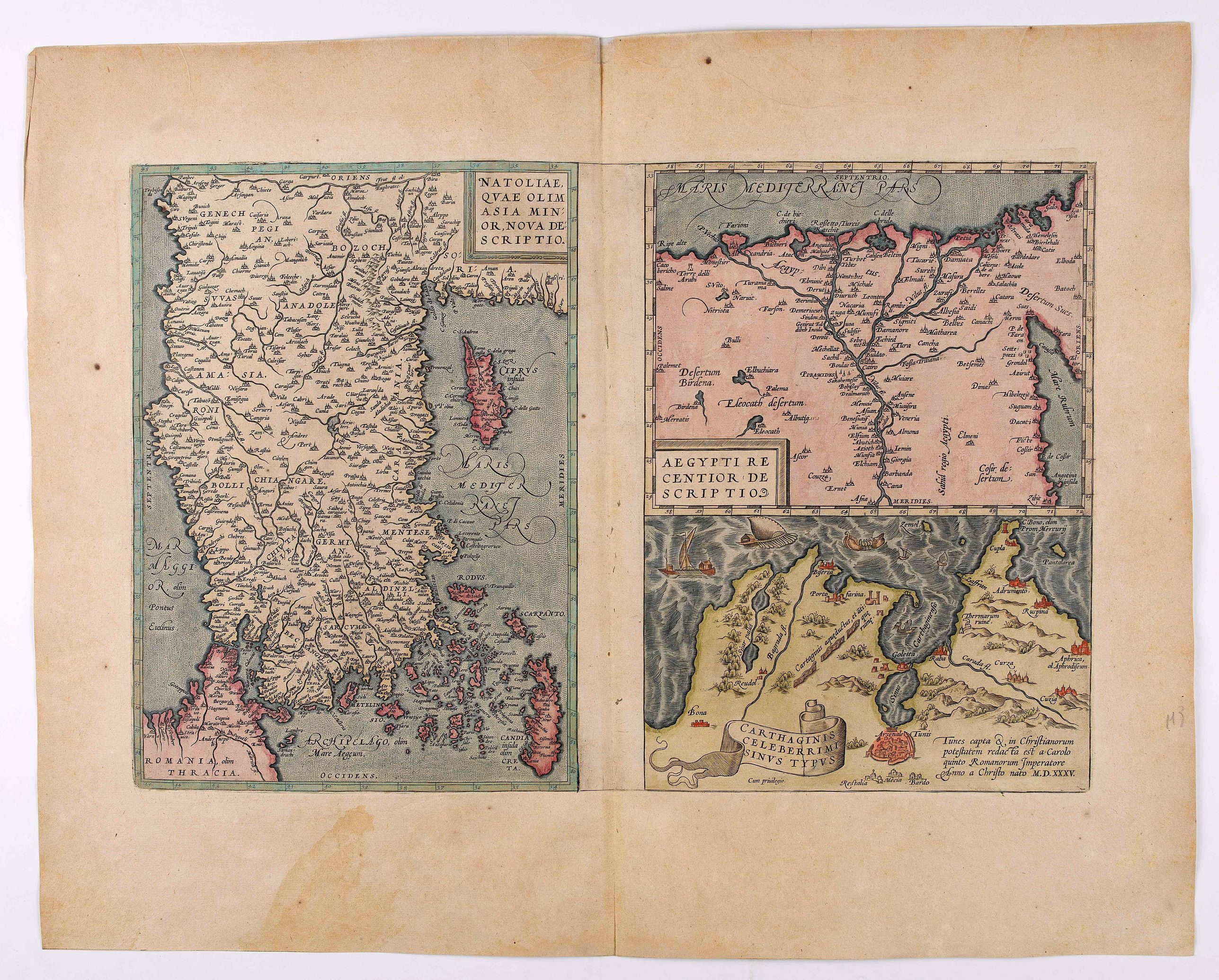ORTELIUS, A., Natoliae. . .Aegypti recentior..Carthaginis (3 maps on 1 sheet)., antique map, old maps