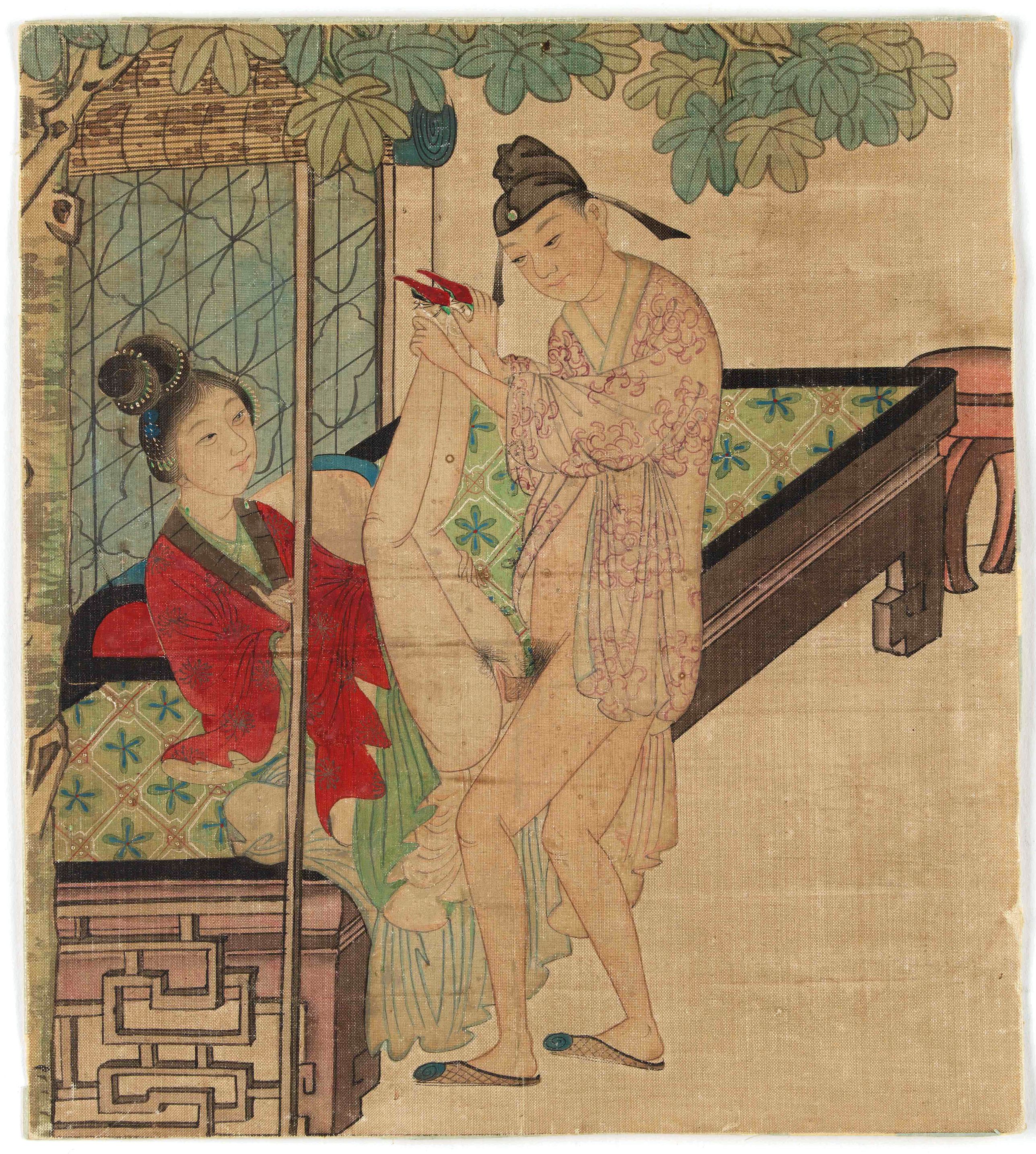 CHINA, Chinese erotic painting on silk., antique map, old maps