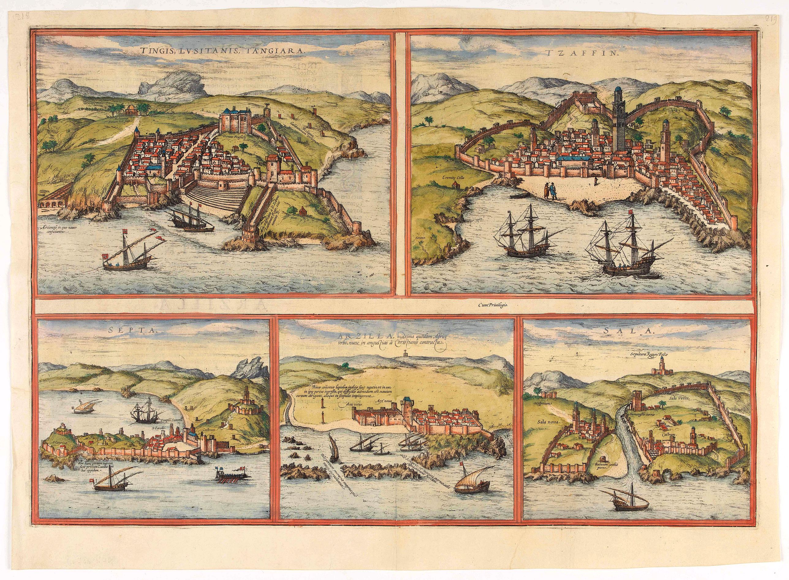 BRAUN, G. / HOGENBERG, F., Tingis, Lusitanis, Tangiara. / Tzaffin. / Septa. / Arzilla/ Sala., antique map, old maps
