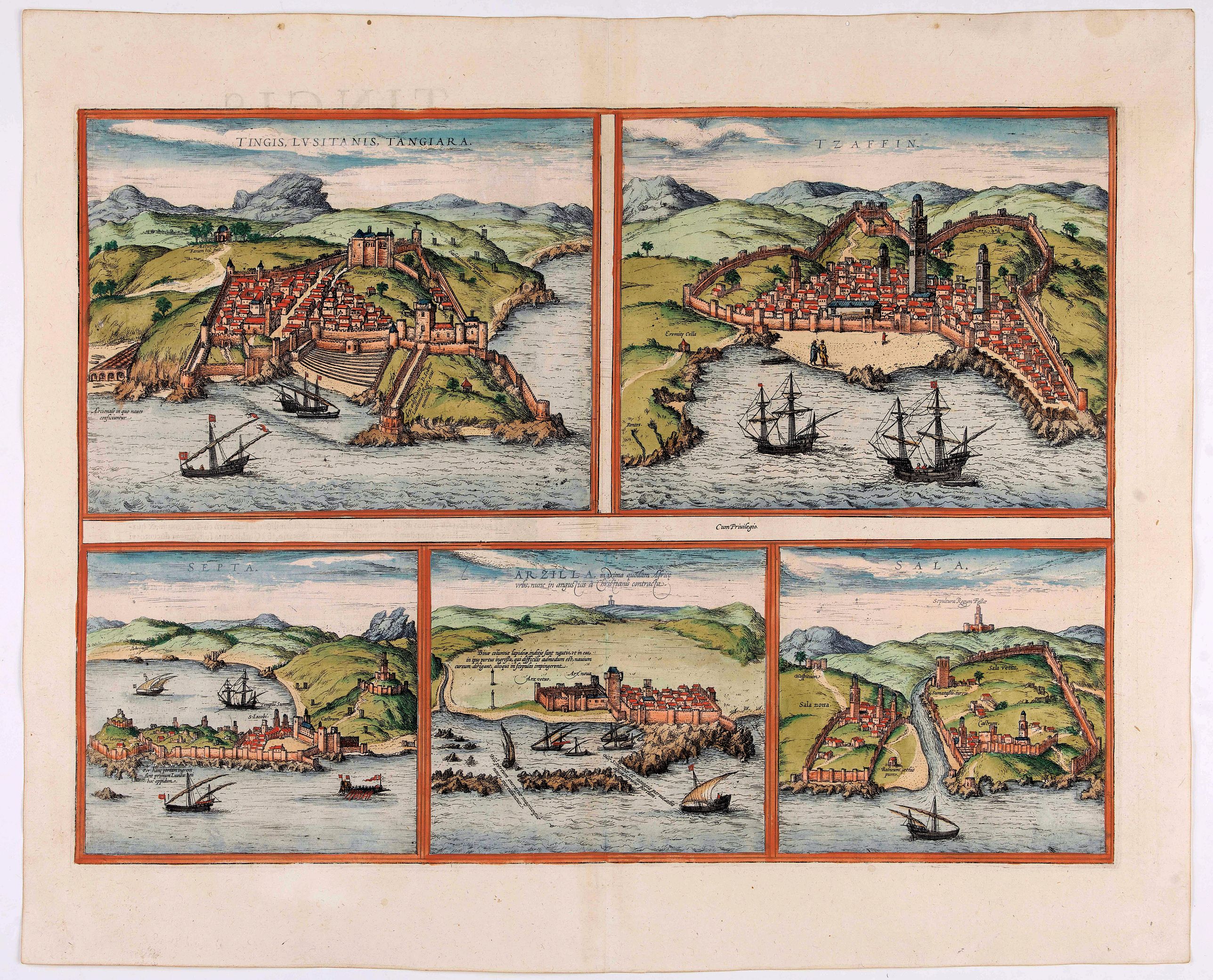 BRAUN, G. / HOGENBERG, F., Tingis, Lusitanis, Tangiara. / Tzaffin. / Septa. / Arzilla/ Sala., antique map, old maps