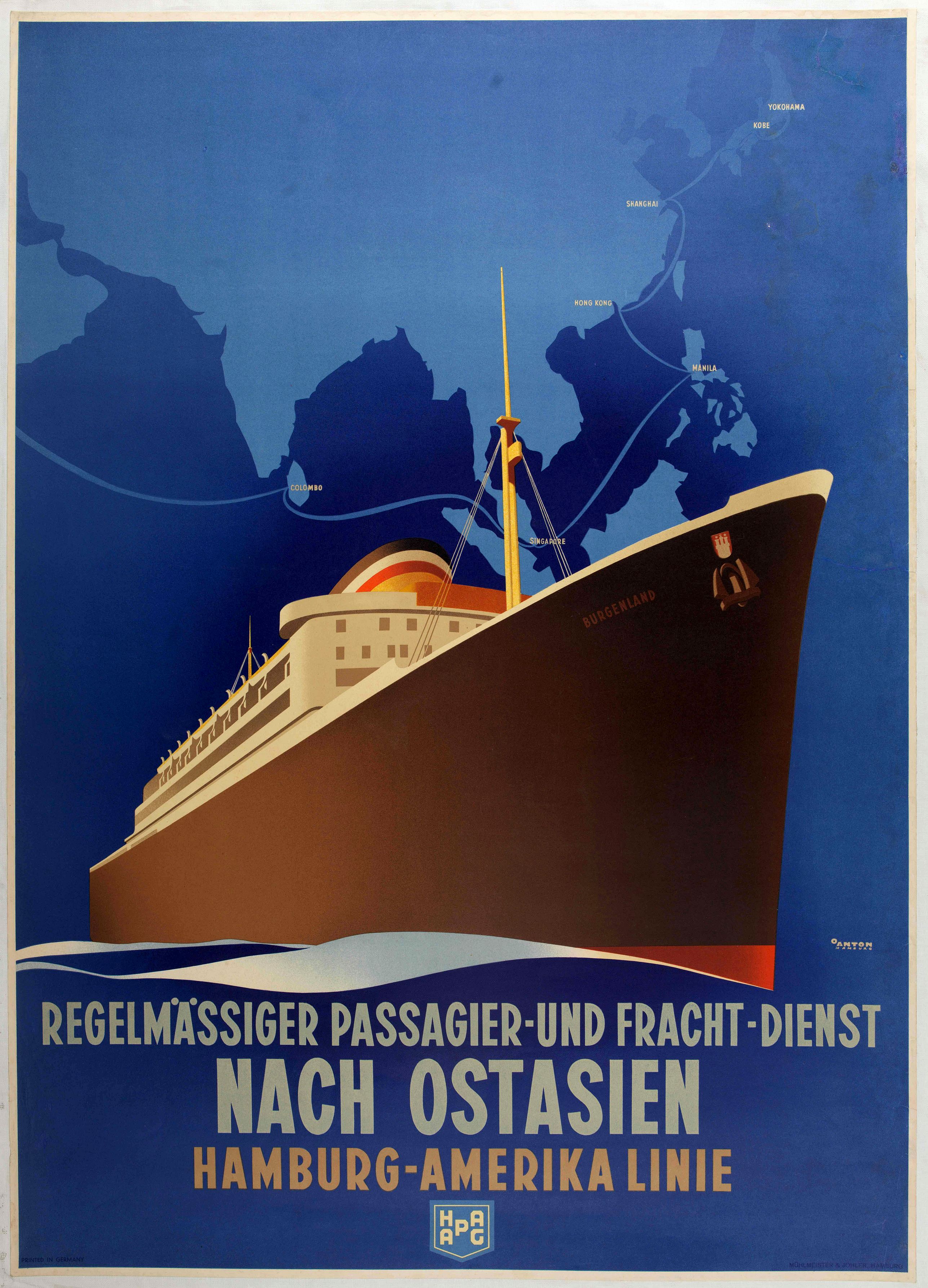 ANTON, O.C.J., Regelmässiger passagier - und - fracht - dienst nach Ostasien Hamburg - Amerika Linie. (HAPAG), antique map, old maps