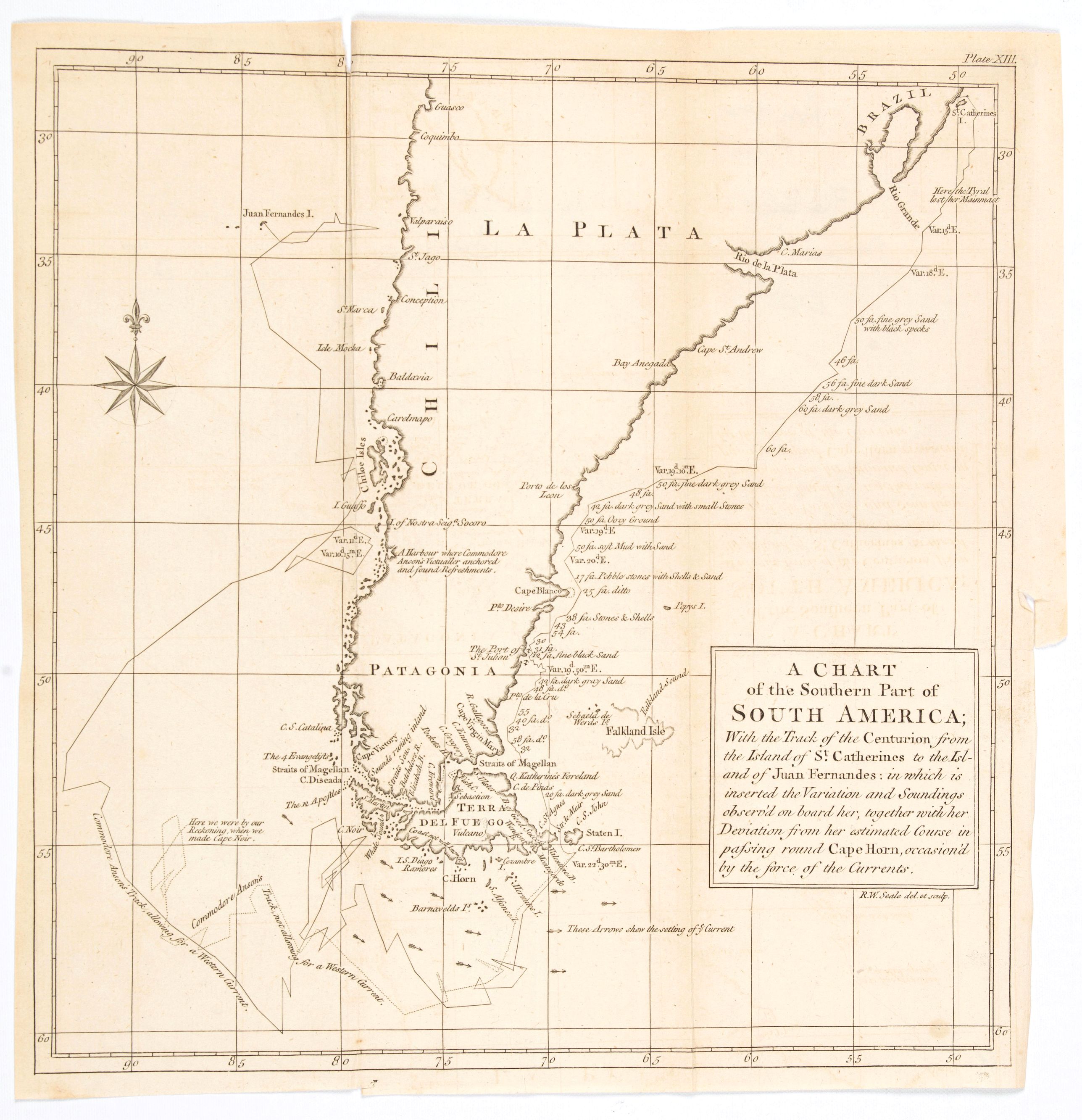 SEALE, Richard., A Chart of the Southern Part of America, with the track of the Centurion. . ., antique map, old maps