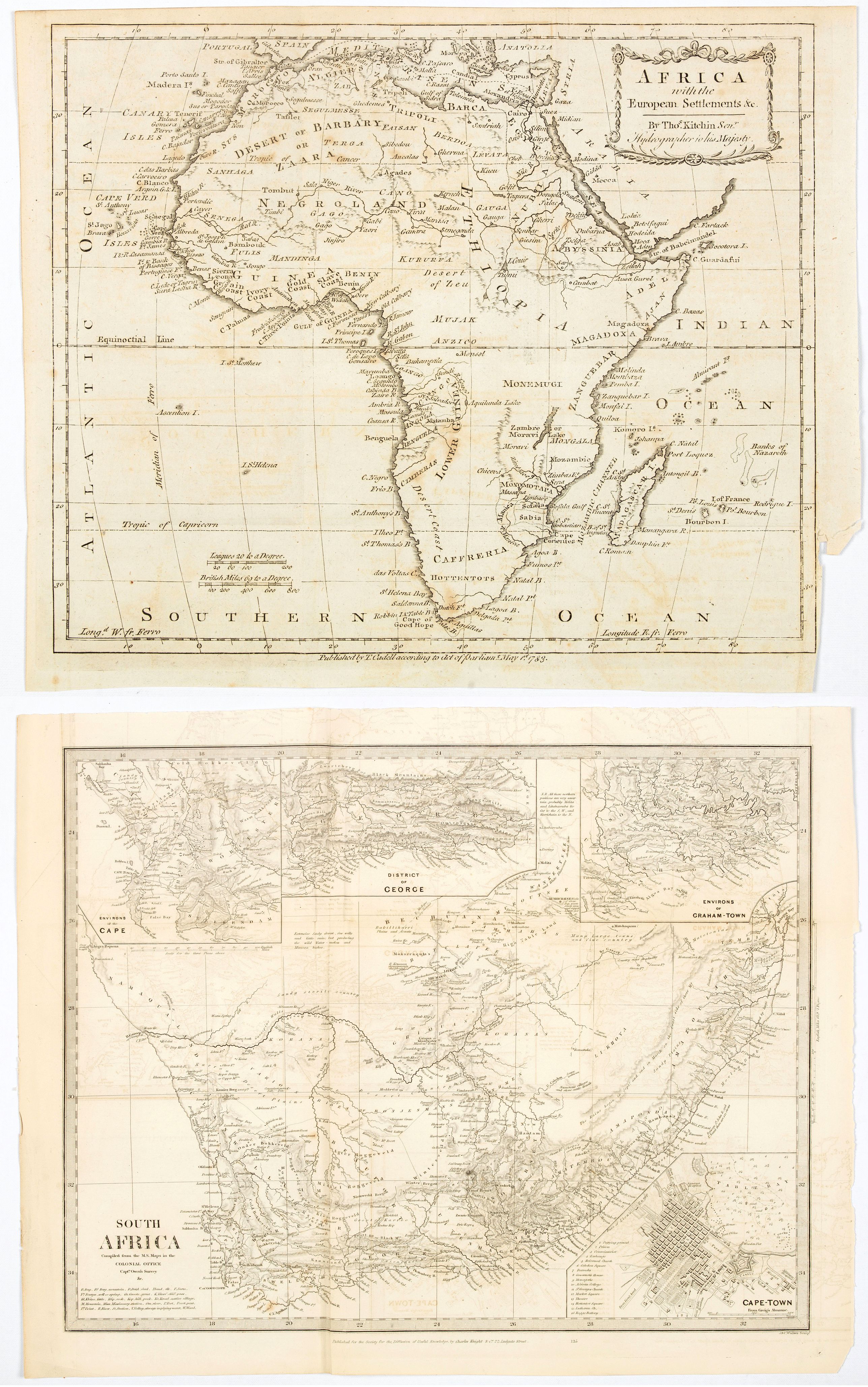S.D.U.K. / KITCHIN, Thomas., South Africa / Africa with the European Settlements &c.-2 maps, antique map, old maps