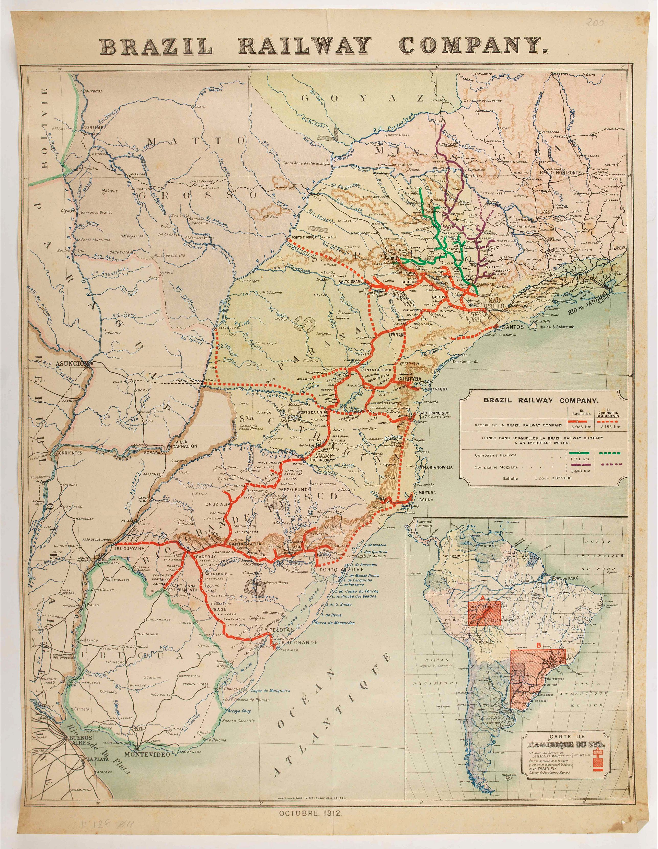WATERLOW & SONS, Brazil Railway Company., antique map, old maps