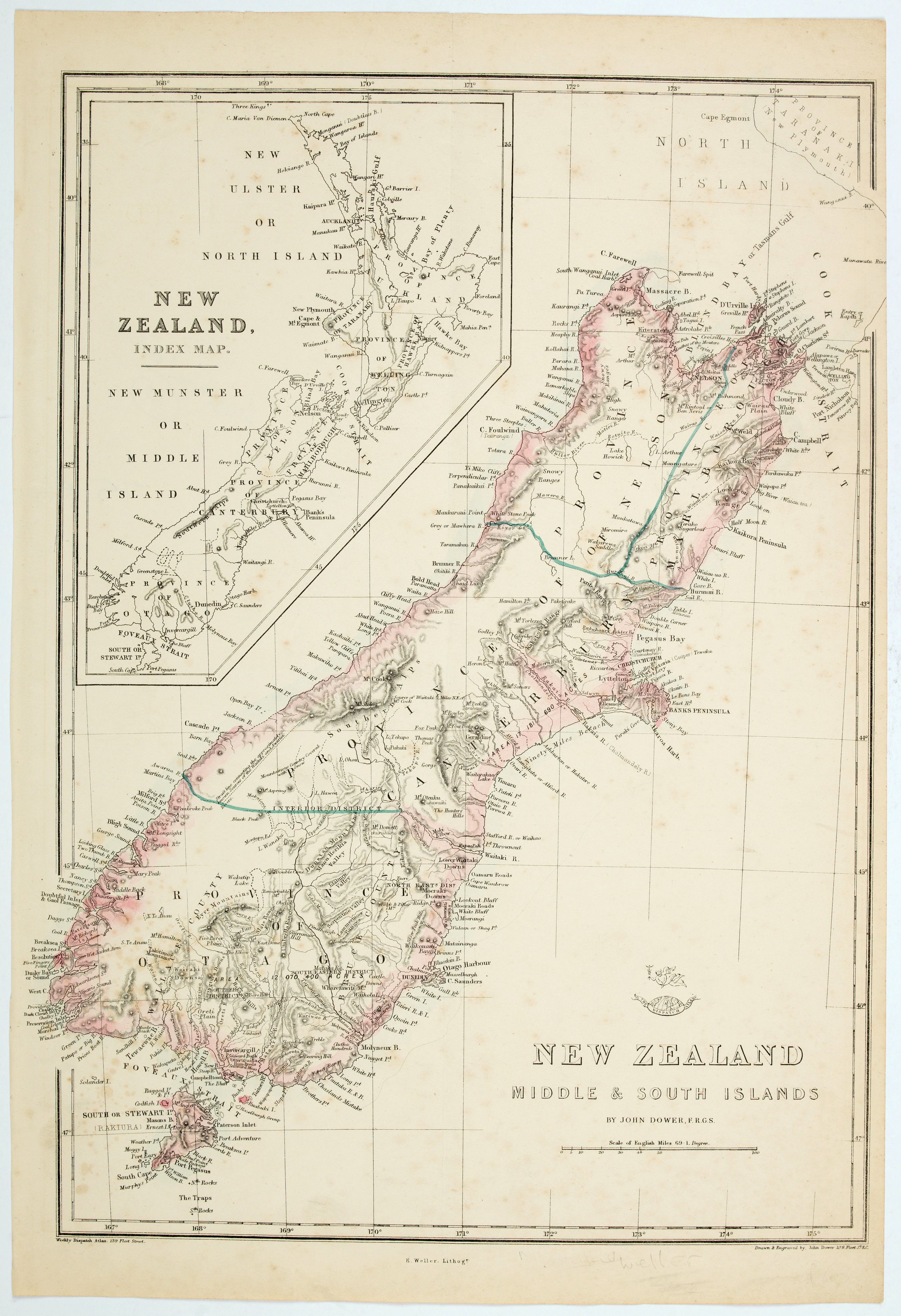 WELLER / DOWER., New Zealand. Middle & South Islands., antique map, old maps