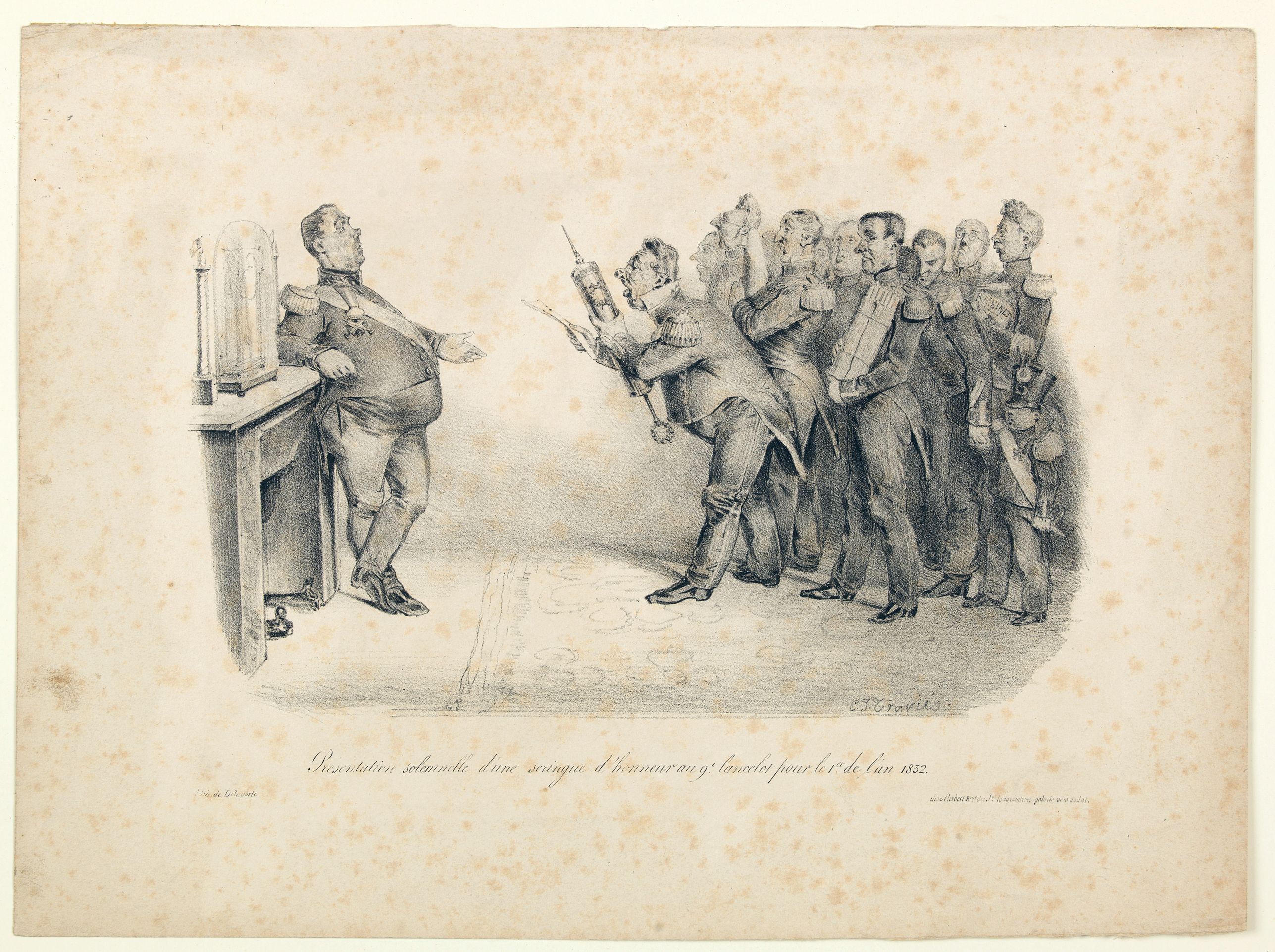 DELAPORTE., Presentation solemnelle d'une seringue d'honneur au generale lancelot pour le 1st de l'an 1832., antique map, old maps