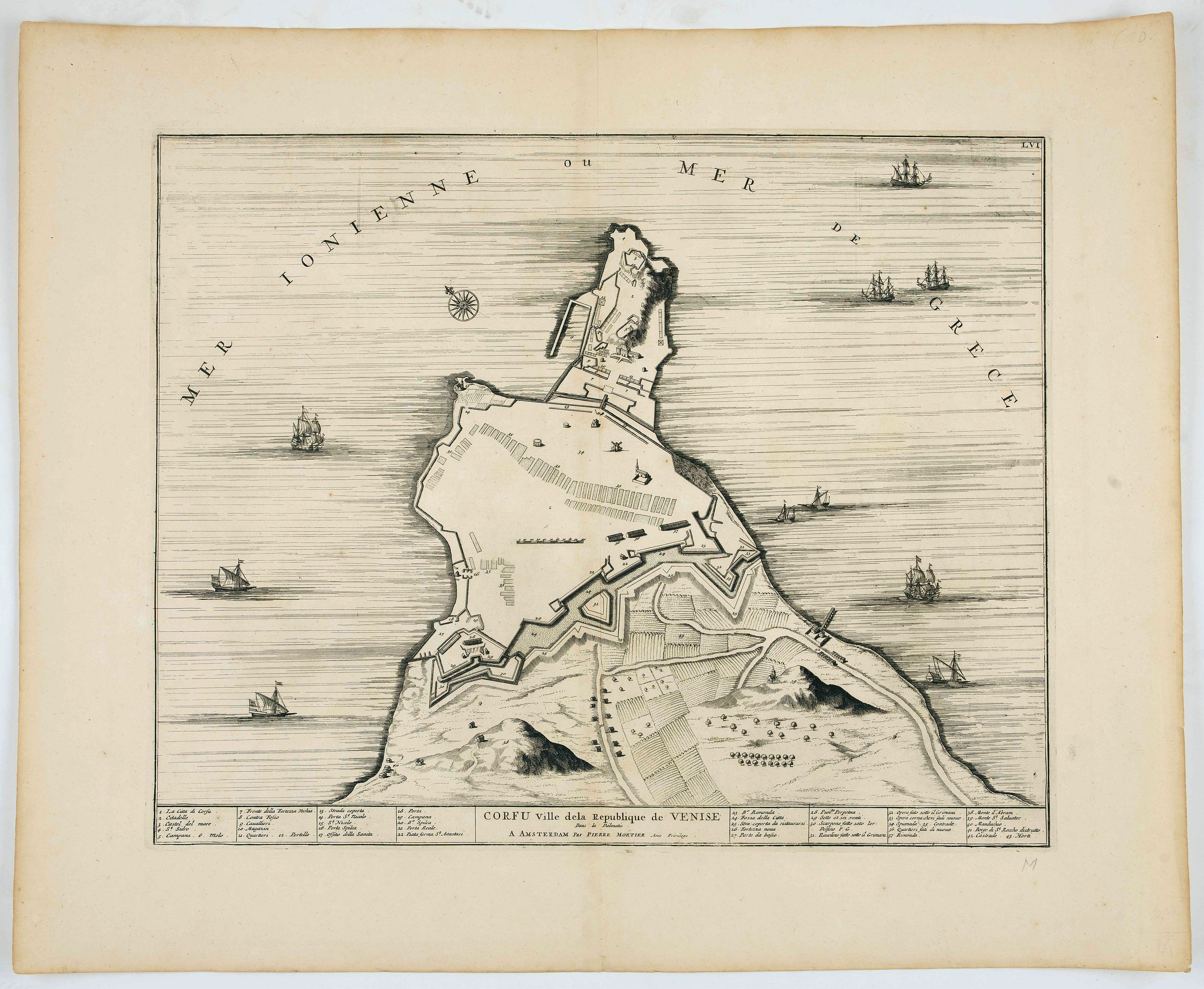 BLAEU, J./ MORTIER,P., CORFU Ville de la Republique de VENICE Dans la Dalmatie., antique map, old maps