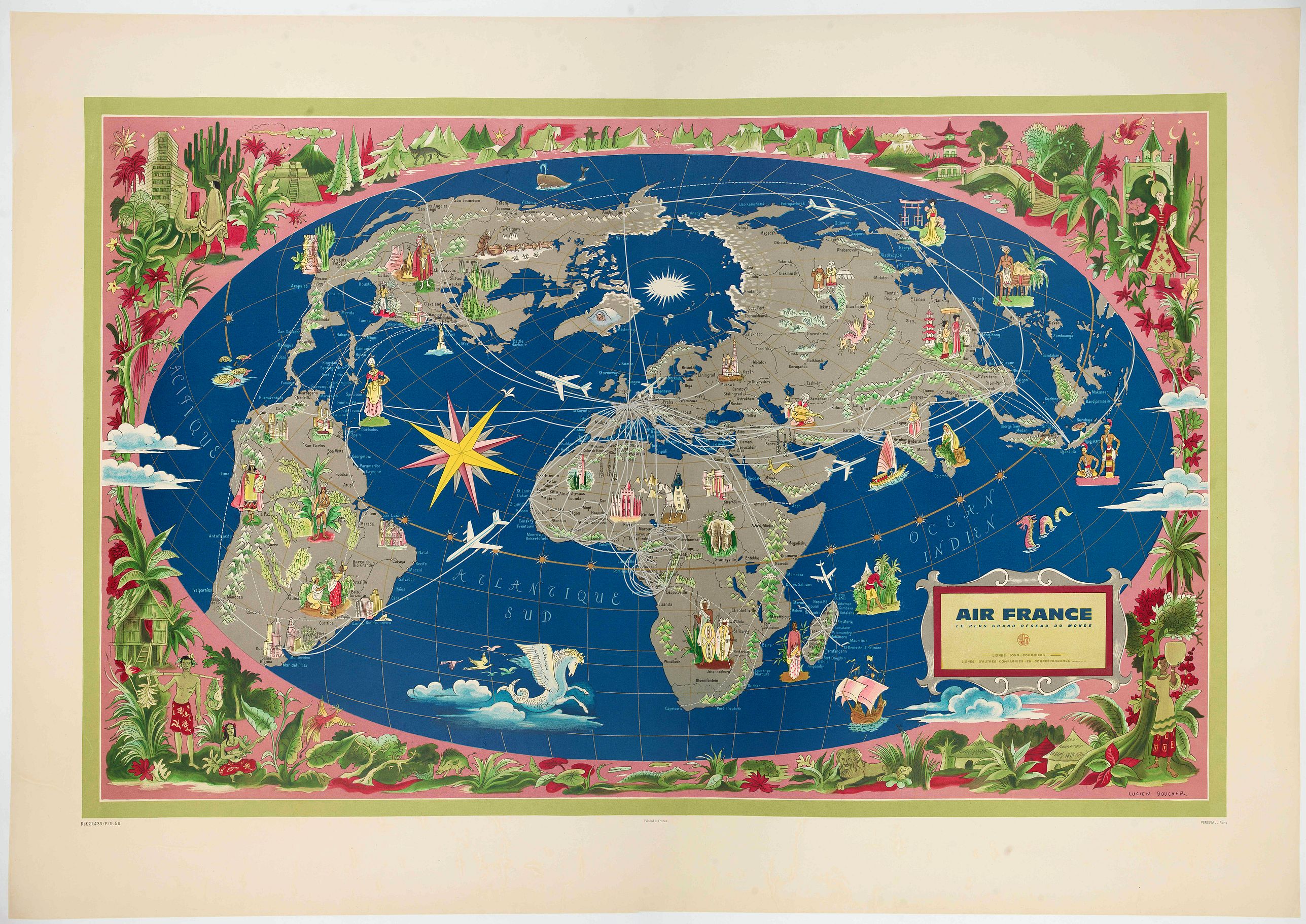 BOUCHER, L., AIR France - Le plus grand réseau du monde., antique map, old maps