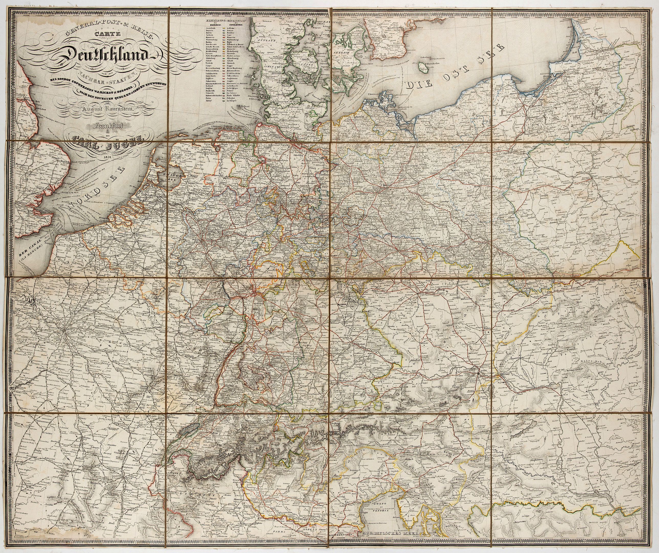 RAVENSTEIN, A., General- Post- und Reis-carte von Deutschland und den Nachbarländern bis Paris… / Carte générale et routière de l'Allemagne et des pays limitrophes jusqu'à Paris…, antique map, old maps