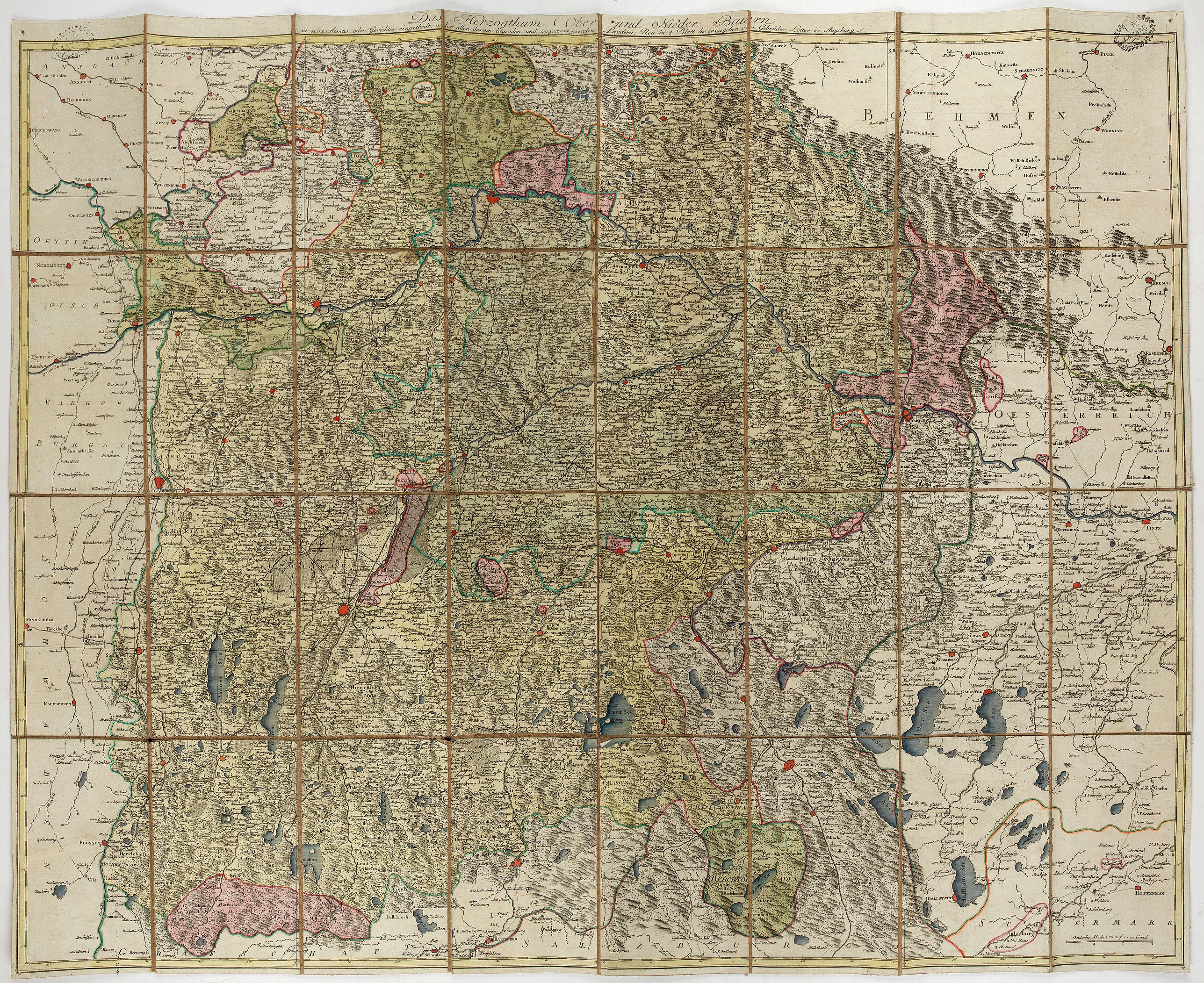 LOTTER, T., Das Herzogthum Ober und Nieder Baiern in seine Aemter oder Gerichter eingetheilt, nebst allen darinn liegenden und angrænzenden Lændern / Neu in 4 Blatt herausgegeben von Gebrüder Lotter in Augsburg, antique map, old maps