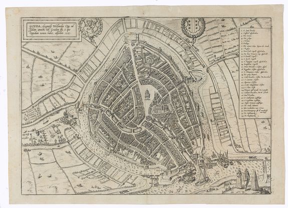 BRAUN, G. / HOGENBERG, F., Gouda, elegantiss. Hollandiae Opp. ad Isalam amnem, ubi Goudam flu. à quo Oppidum nomen habet, absorbet. 1585., antique map, old maps