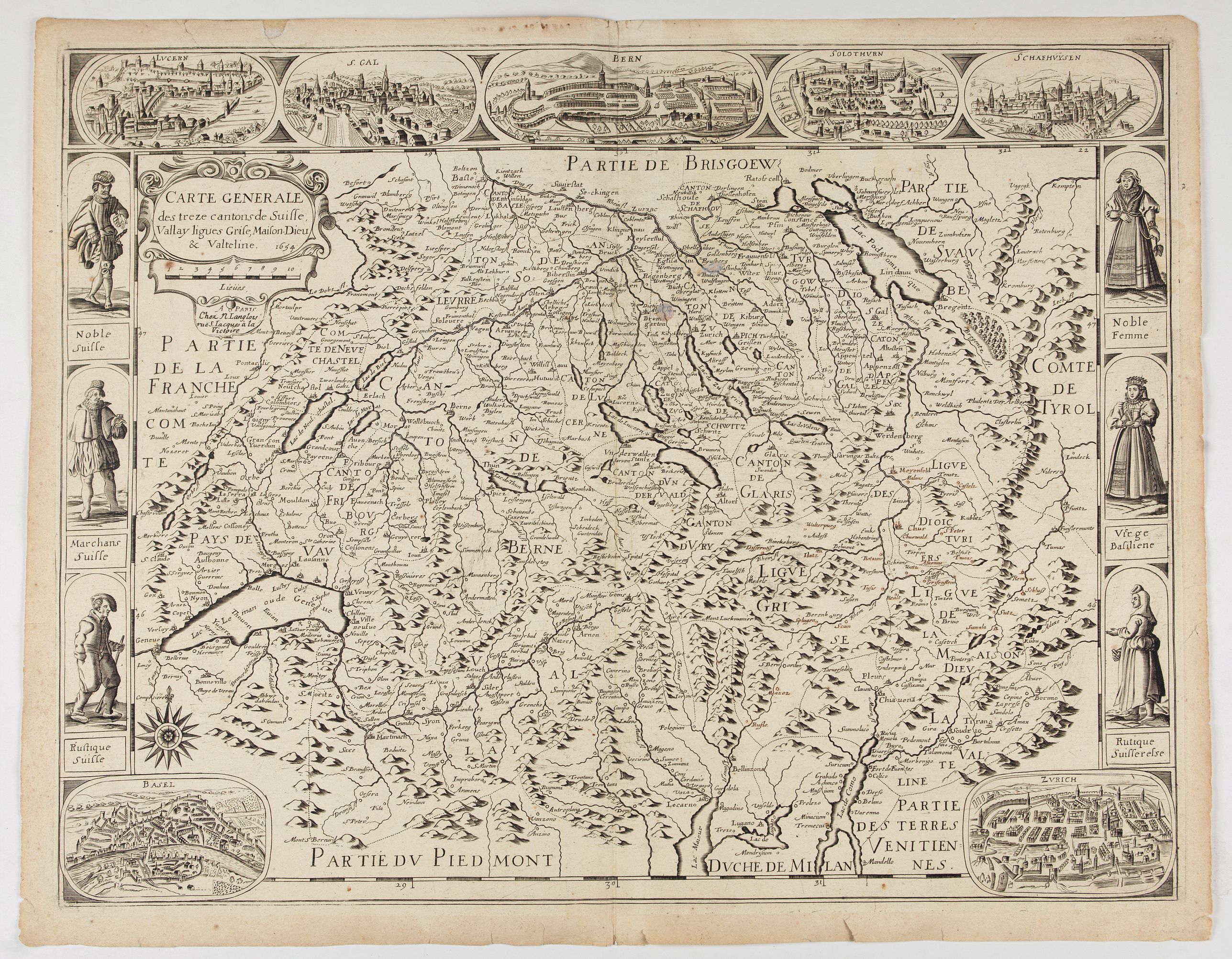 LANGLOIS,, N., Carte generale des treze cantons de Suisses. Valley Ligues Grise, Maison Dieu et Valteline. 1654, antique map, old maps