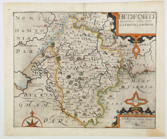 SAXTON / KIP, J., Bedford Comitatus olim pars Cathifuclanorum., antique map, old maps