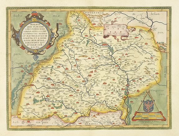 ORTELIUS, A., Moraviae, quae olim Marcomannorum Sedes, Corographia, A.D. Pavlo Fabritio Medico et Mathematico Descripta, et a Generosis Moraviae Baronibus Quibusdam corecta., antique map, old maps