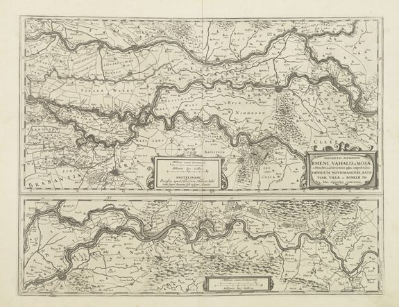 HONDIUS, H., Descriptio fluminum Rheni, Vahalis et Mosae., antique map, old maps