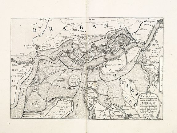 JANSSONIUS, J. / VISSCHER, C.Jz., Pas-Caert vande ghelegetheyt vande Schans te Santvliet, Vertoonede de verdroncken overwaeterde Landen, nieuw aengewasse gorsingen,. . ., antique map, old maps