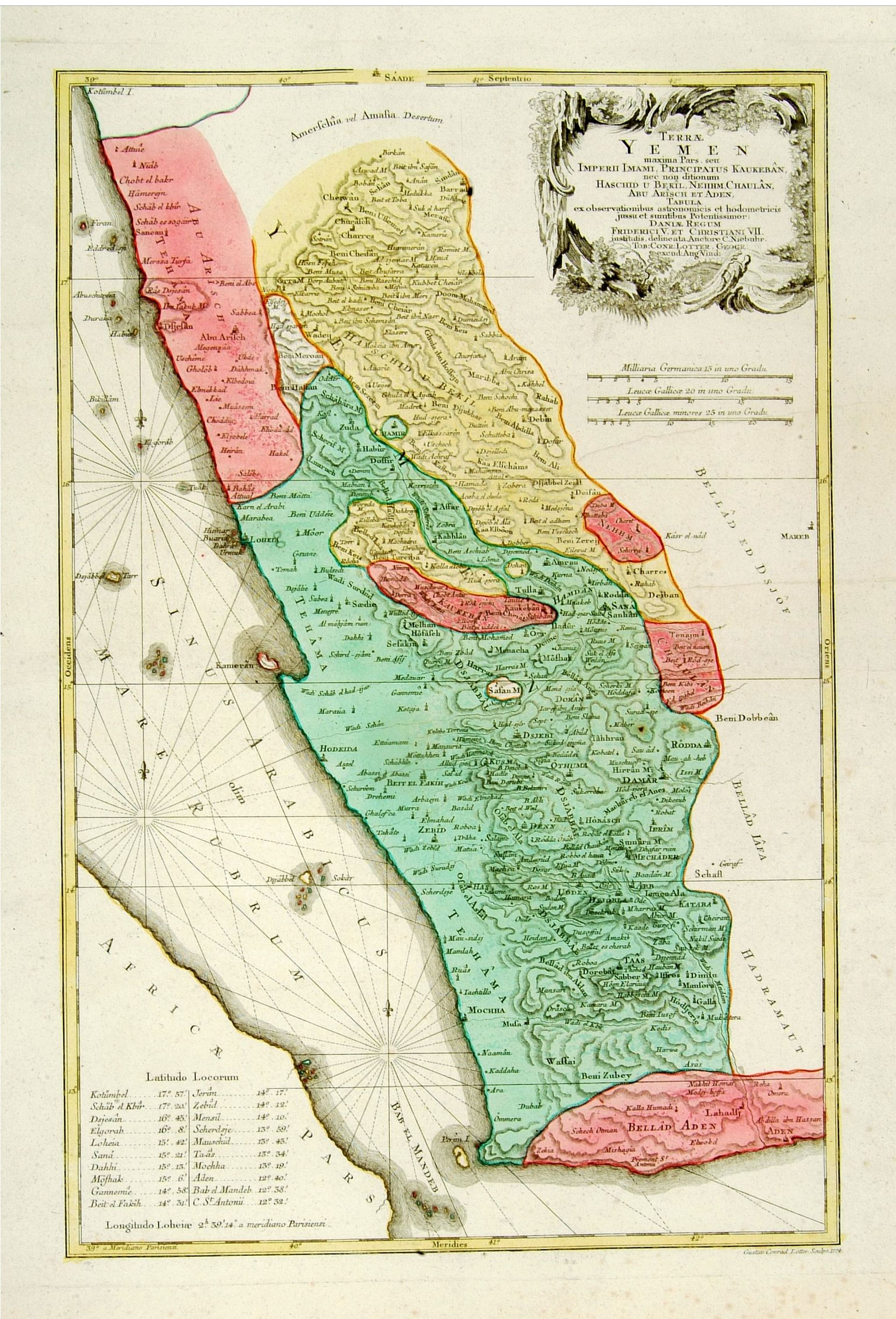 LOTTER, T. C., Terrae Yemen Maxima Pars, seu Imperii Imami, Principatus Kaukeban nec non ditionum Haschid u Bekil, Nehhm, Chaulan, Abu Arisch et Aden Tabula ..., antique map, old maps