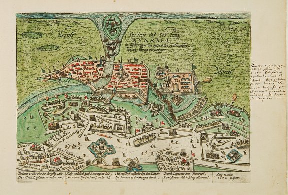 HOGENBERG, F., Die Stat und Vestung Kynsael.. Ihrlandt welchs vbr die dreissig Jahr der Cron England zu wider war. . ., antique map, old maps