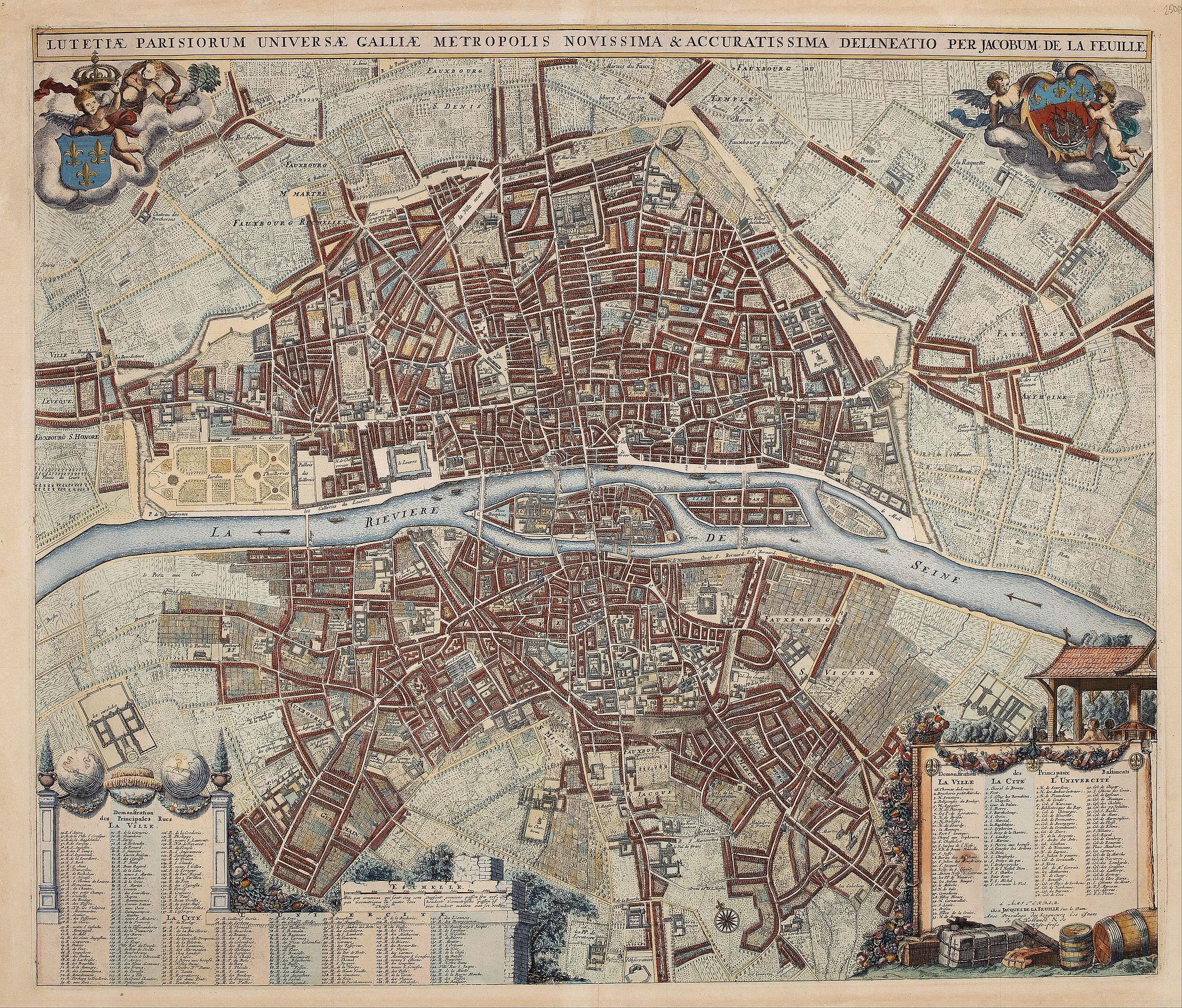 DE LA FEUILLE, J., Lutetiae Parisiorum Universae Galliae Metropolis Novissima & Accuratissima Delineatio per Jacobum de la Feuille., antique map, old maps