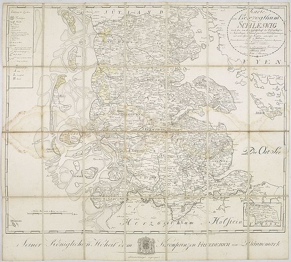 GOLOWIN, F. VON, Karte vom Herzogthum Schleswig, nach der von der Gesellschaft der Wissenschaften in Kopenhagen bekannt gewordenen Ortsbestimmung und nach Special-Karten. Kolor. Kupferstichkarte von F. v. Golowin. Schleswig, Röhss u. Christiani, 1806., antique map, old maps