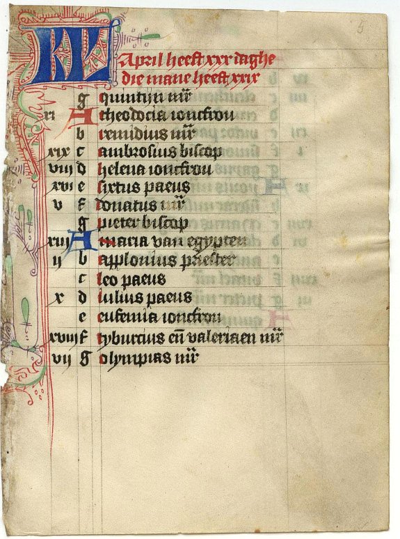 BOOK OF HOURS, Leaf on vellum from a Dutch manuscript Book of Hours., antique map, old maps