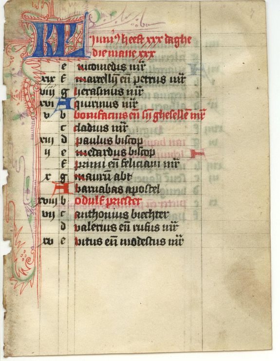 BOOK OF HOURS, Leaf on vellum from a Dutch manuscript Book of Hours., antique map, old maps