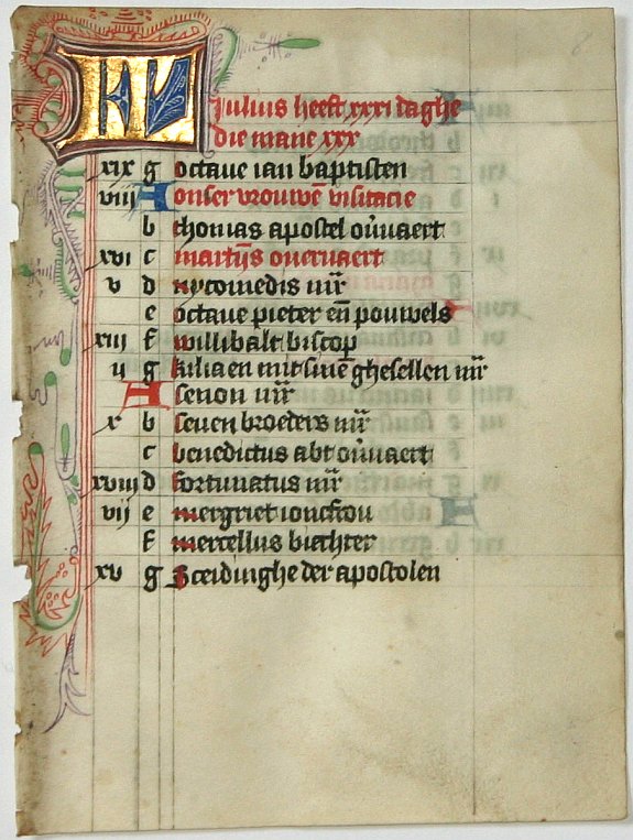 BOOK OF HOURS, Leaf on vellum from a Dutch manuscript Book of Hours., antique map, old maps